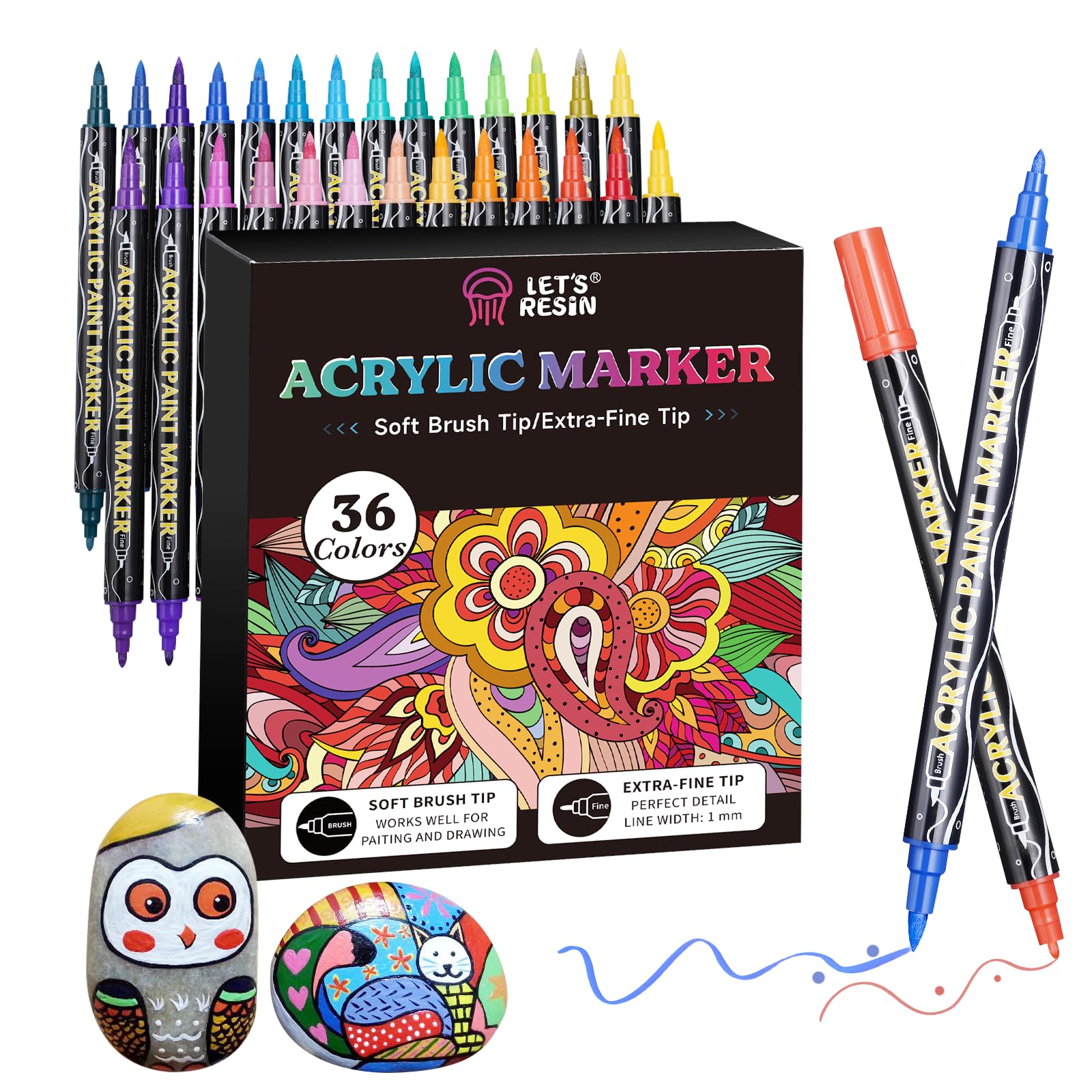 LET'S RESIN 36 Acrylic Paint Pens | Dual Tip Fine & Brush Markers