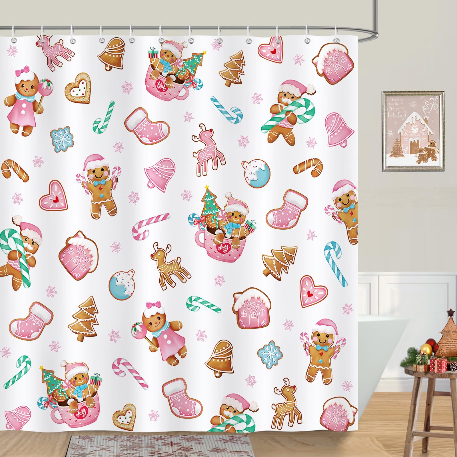 Bonhause Pink Gingerbread Man Christmas Shower Curtain | 180x180cm Waterproof