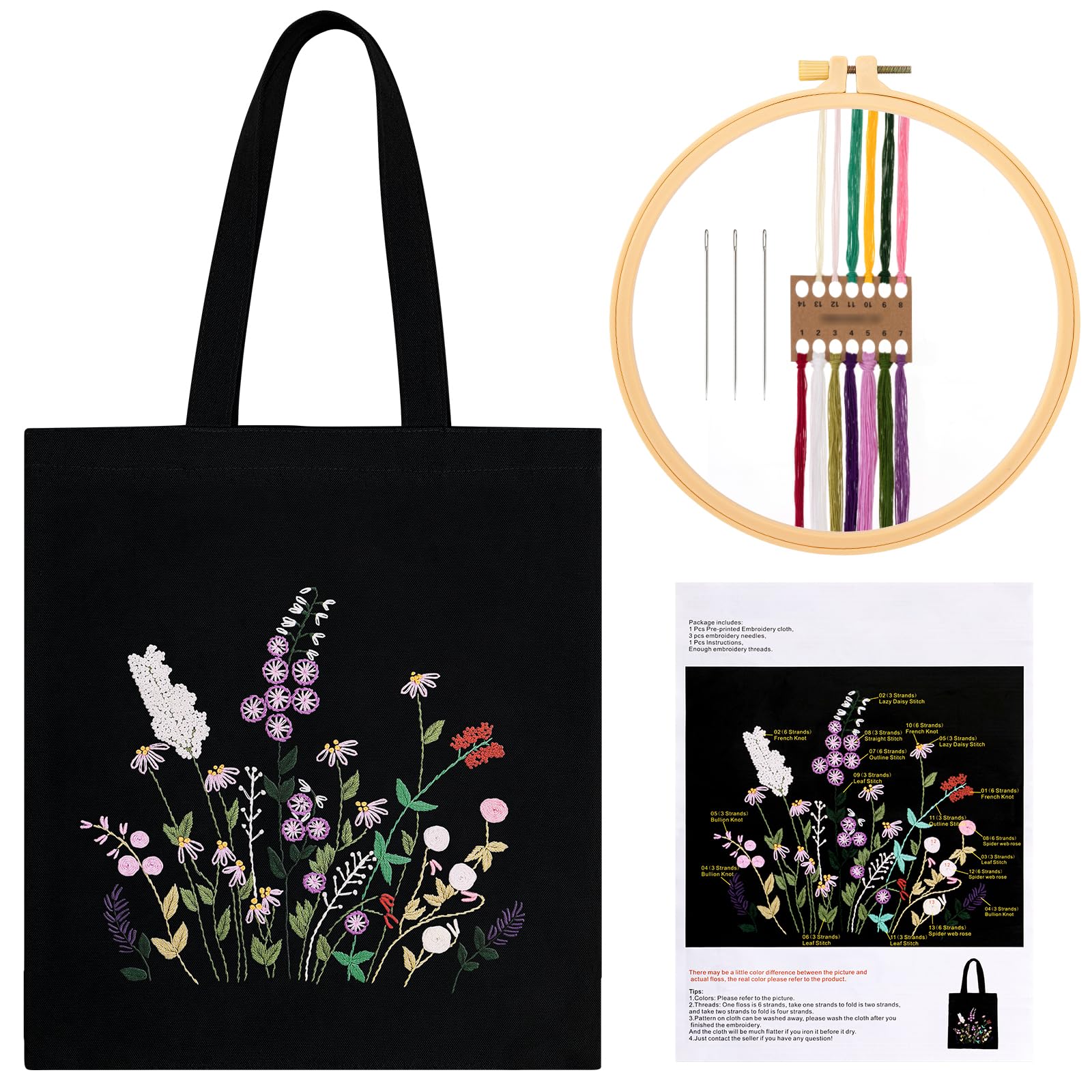 JSRQT Floral Canvas Tote Bag Embroidery Kit for Beginners – Black Cotton