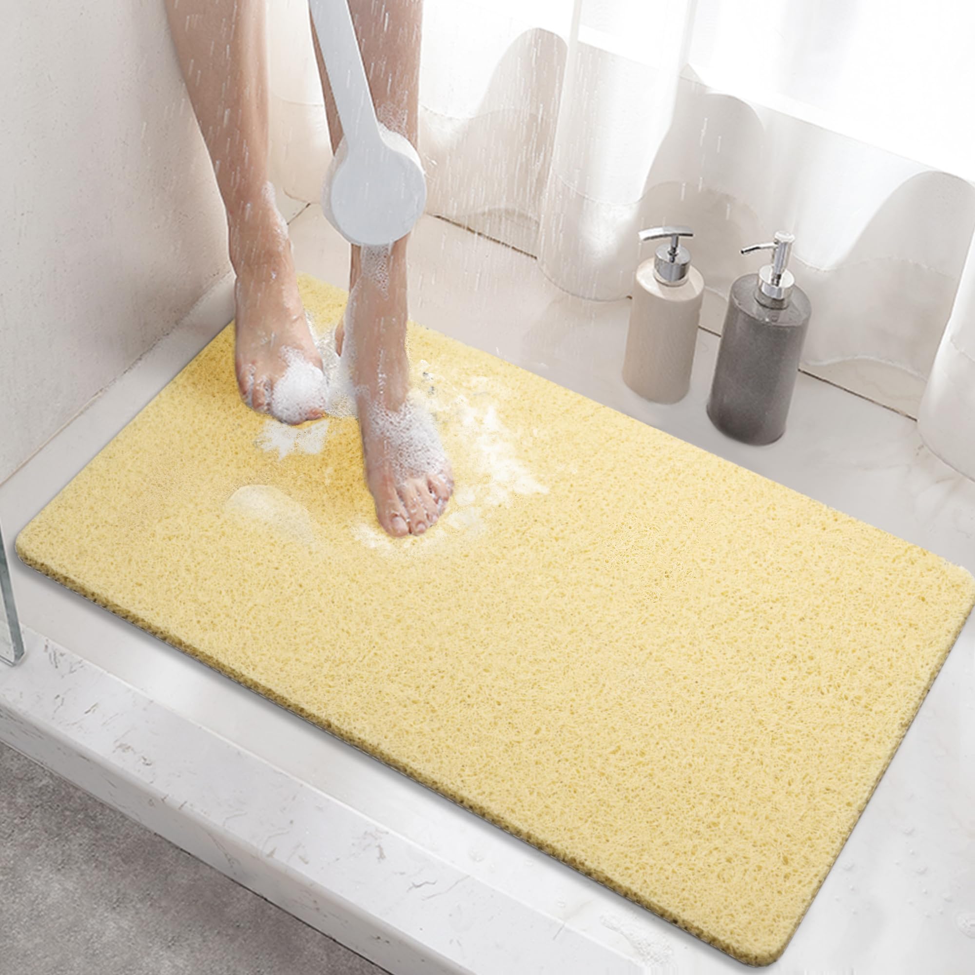 HITSLAM Non-Slip Loofah Shower Mat – Quick-Dry PVC Bath Mat, Beige