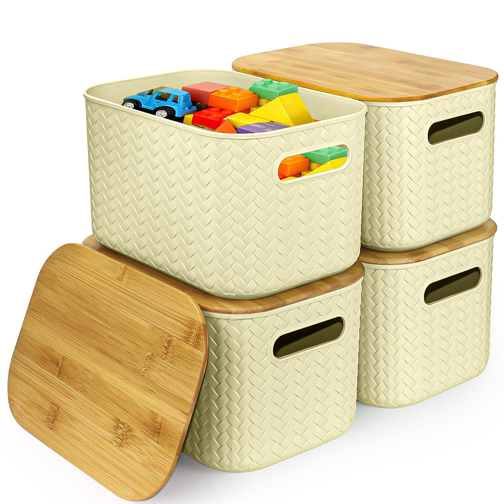 RWFMO 4 Pcs Plastic Beige Storage Baskets with Bamboo Lid for Bathroom - image 1