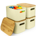 RWFMO 4 Pcs Plastic Beige Storage Baskets with Bamboo Lid for Bathroom - image 1