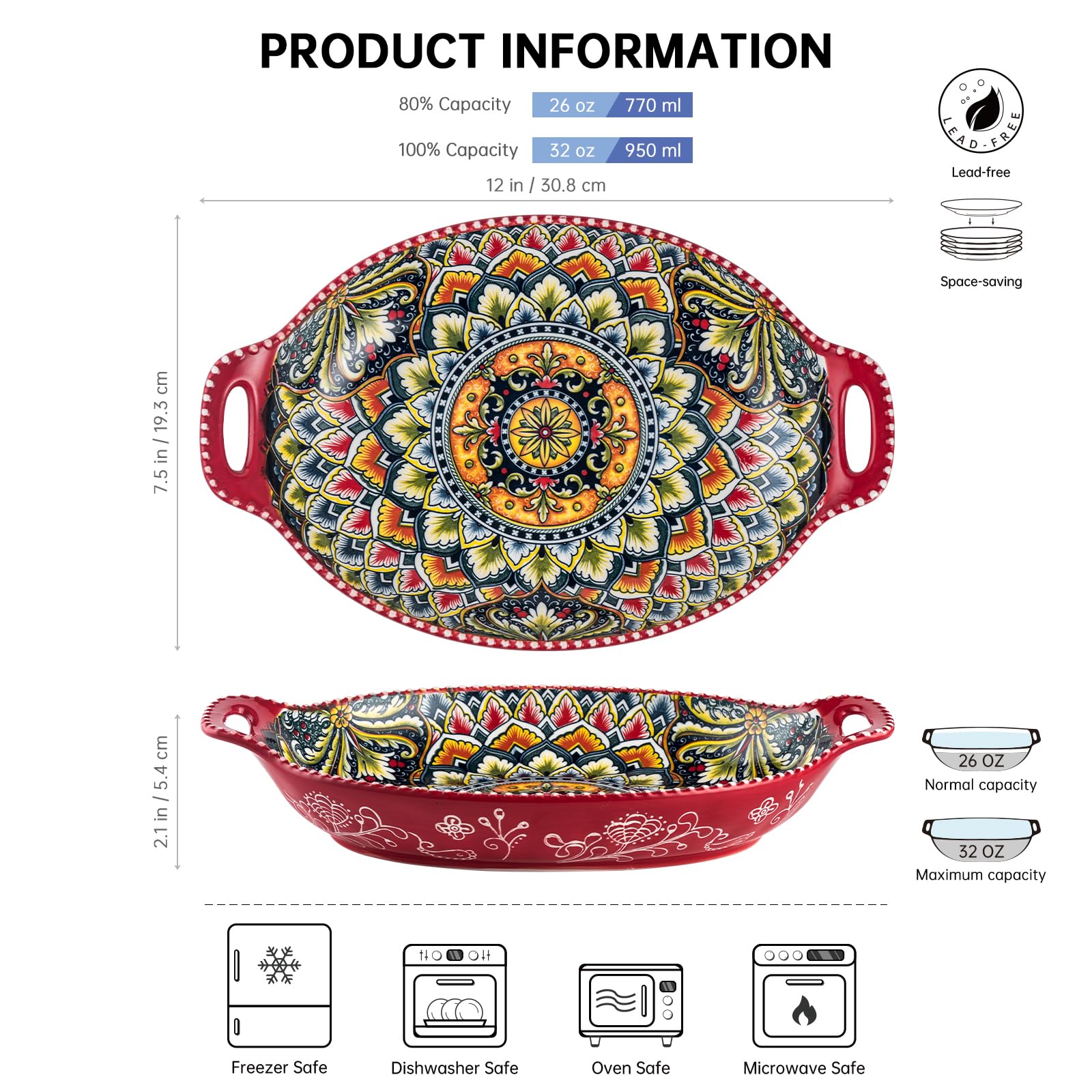 Henten Home Porcelain Salad Bowl Set of 4 | 32oz Bohemian Pasta Bowls