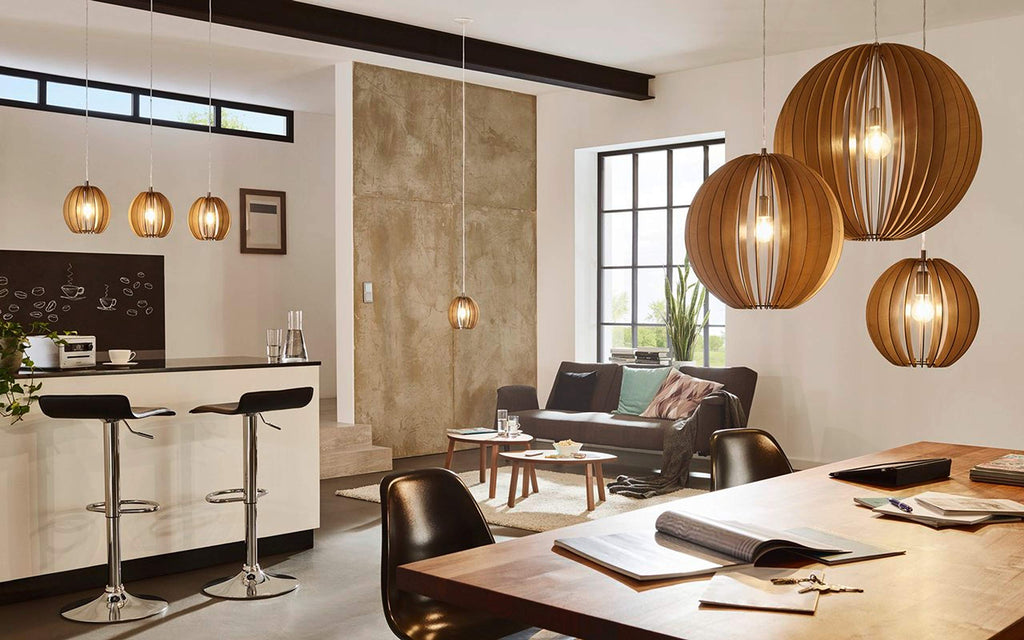 EGLO Cossano Pendant Light – 50cm Vintage Wood & Steel Hanging Lamp