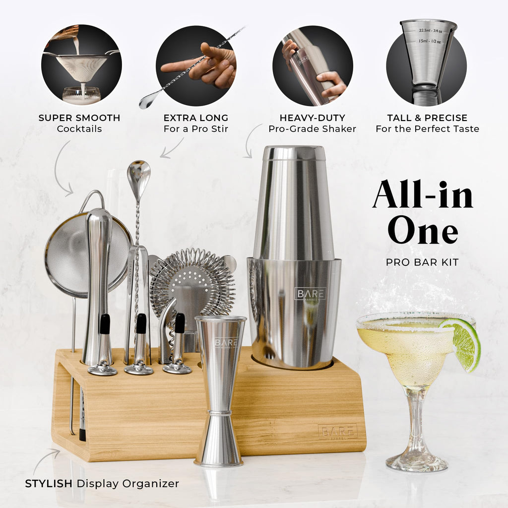 Bare Barrel 14-Piece Cocktail Making Kit with Bamboo Stand & Recipes