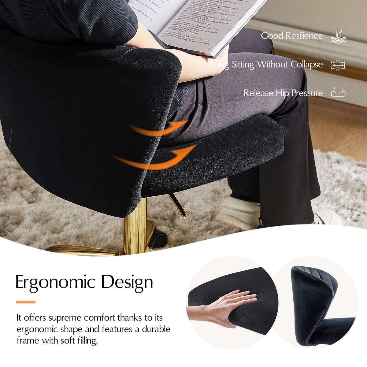 HULALA HOME Height Adjustable Swivel Desk Chair with Gold Base, Black - image 3