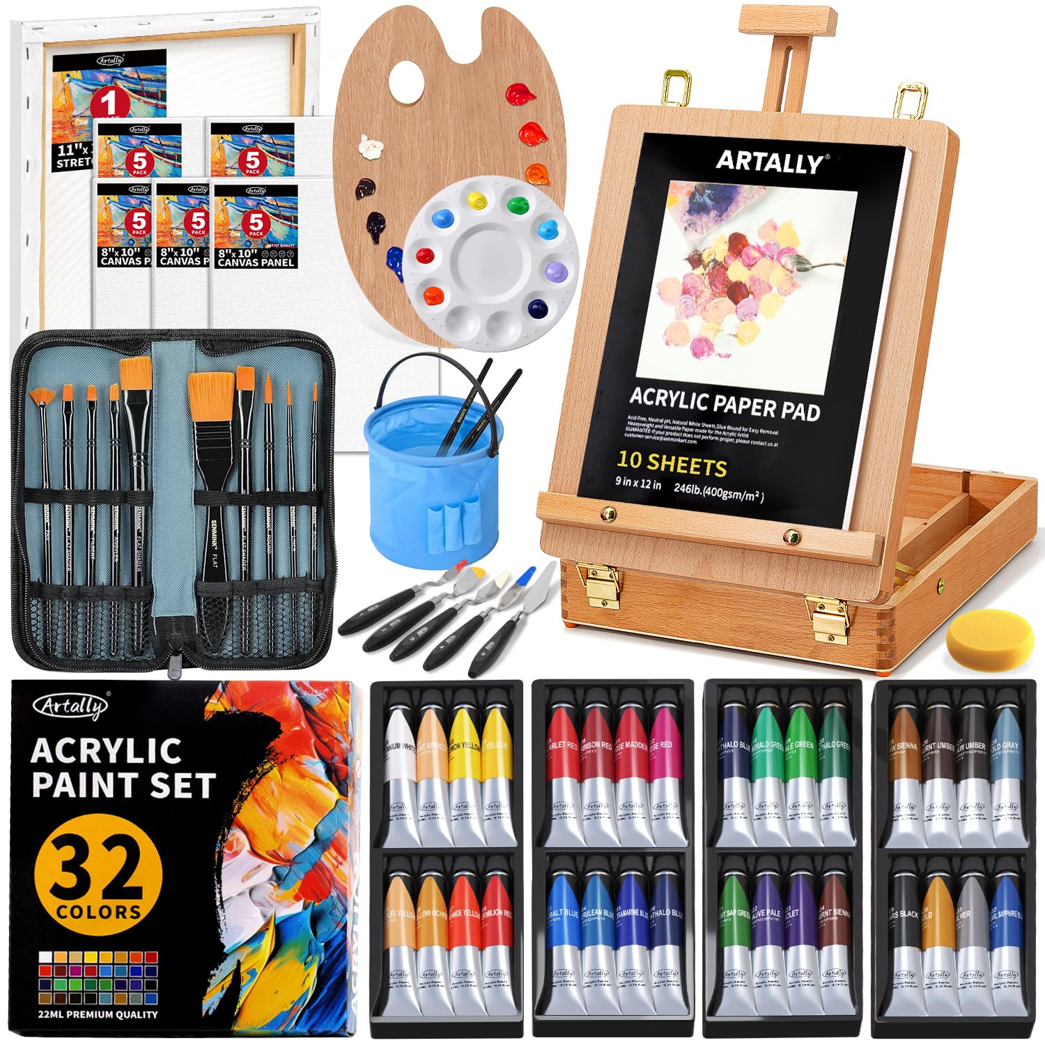 66-Piece Acrylic Painting Kit with Beechwood Box Easel