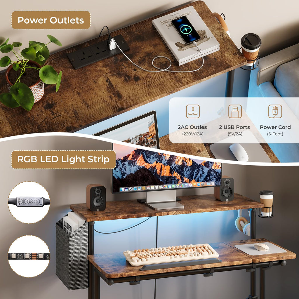 Dripex Mobile Standing Desk with LED Lights & Power Outlets | Rolling