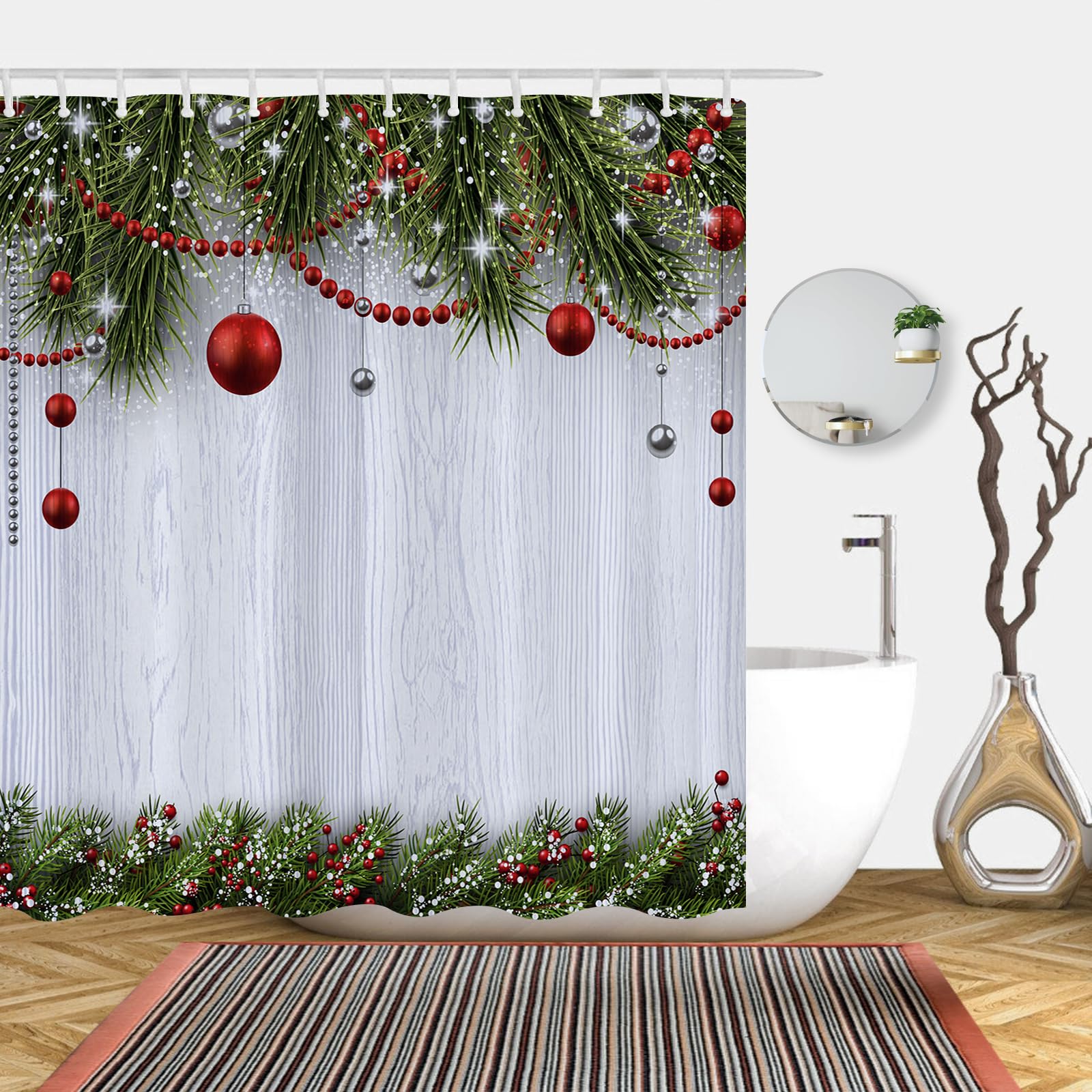 Abaysto Christmas Rustic Wood Shower Curtain | Waterproof Fabric 180x180cm