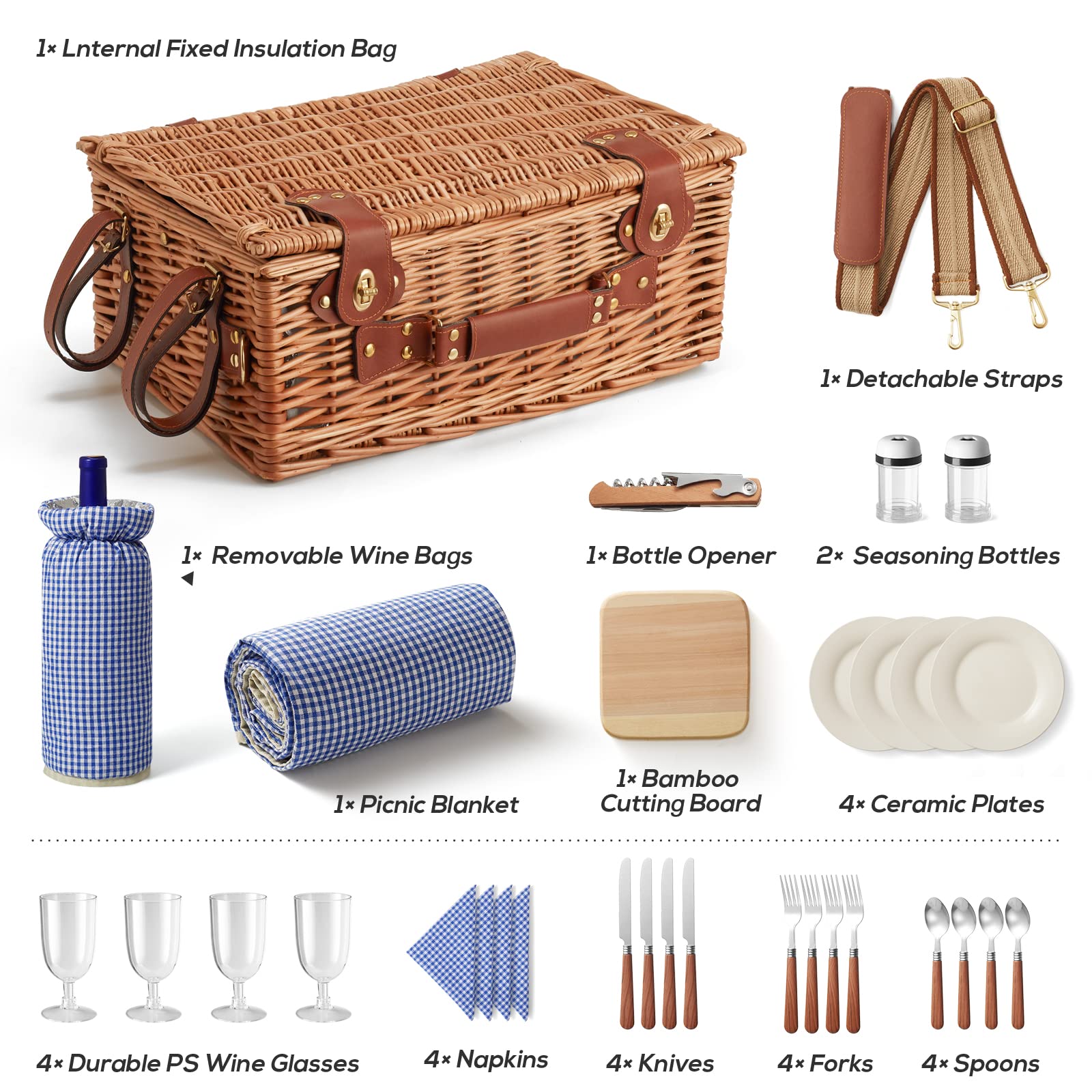 DHAEE Wicker Picnic Basket Set for 4 – Insulated Cooler & Waterproof Blanket