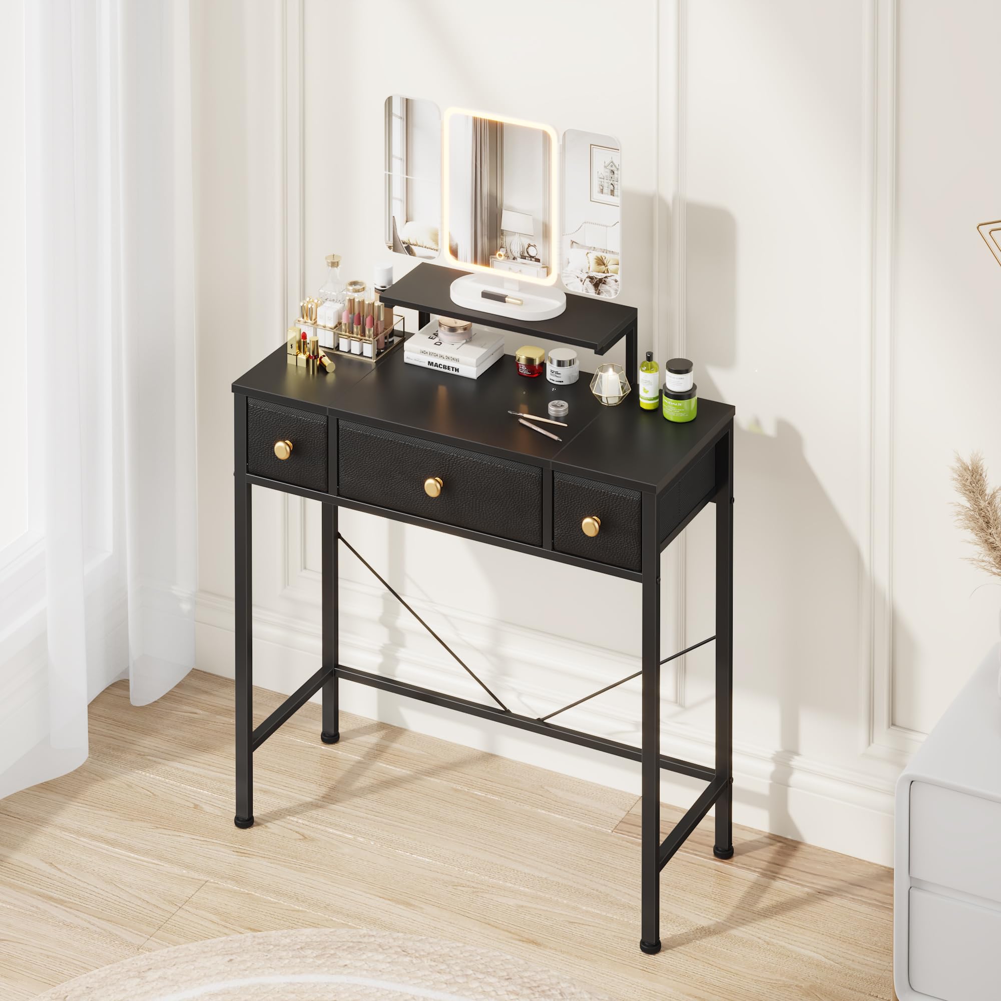 OYRREU Small Vanity Desk with LED Mirror | 3-Drawer Makeup Dressing Table