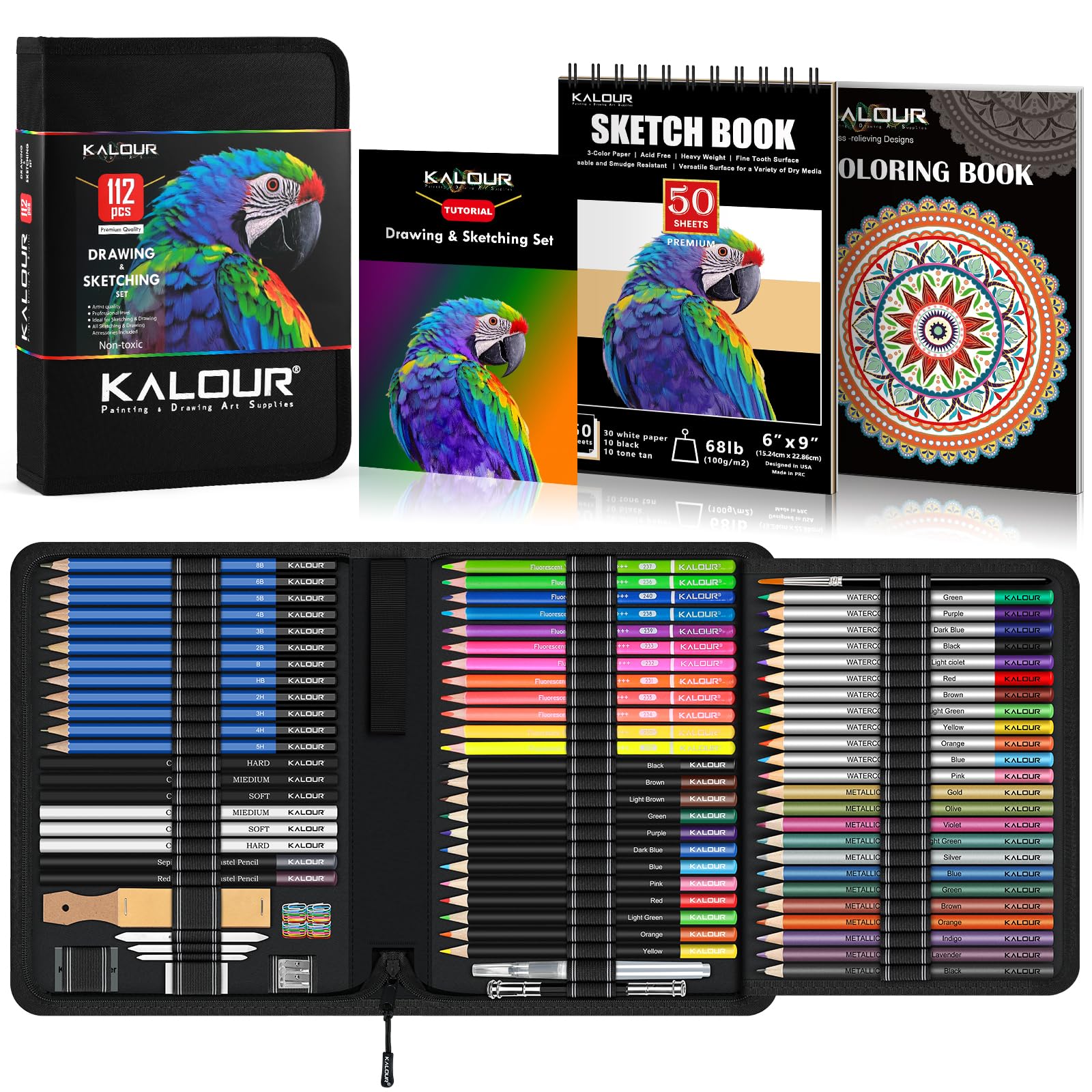 KALOUR 112-Piece Professional Drawing Set | Sketching Kit with Sketchbook