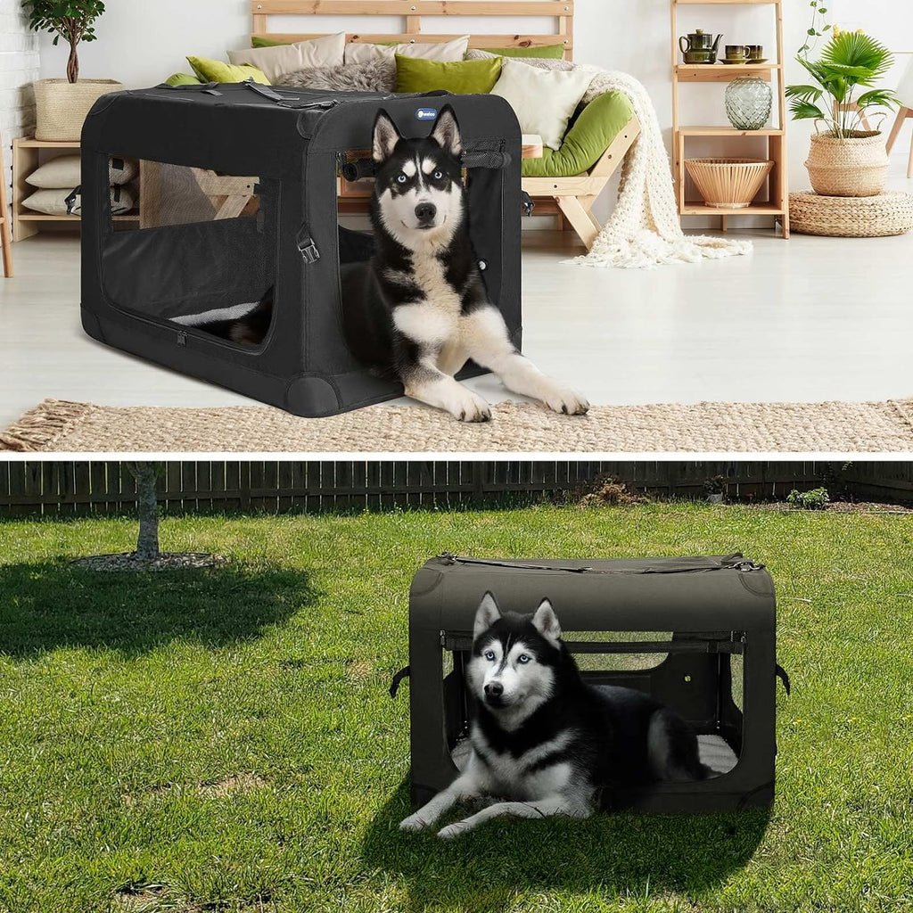 Veehoo 28-Inch Soft Dog Crate | Foldable 3-Door Travel Pet Kennel