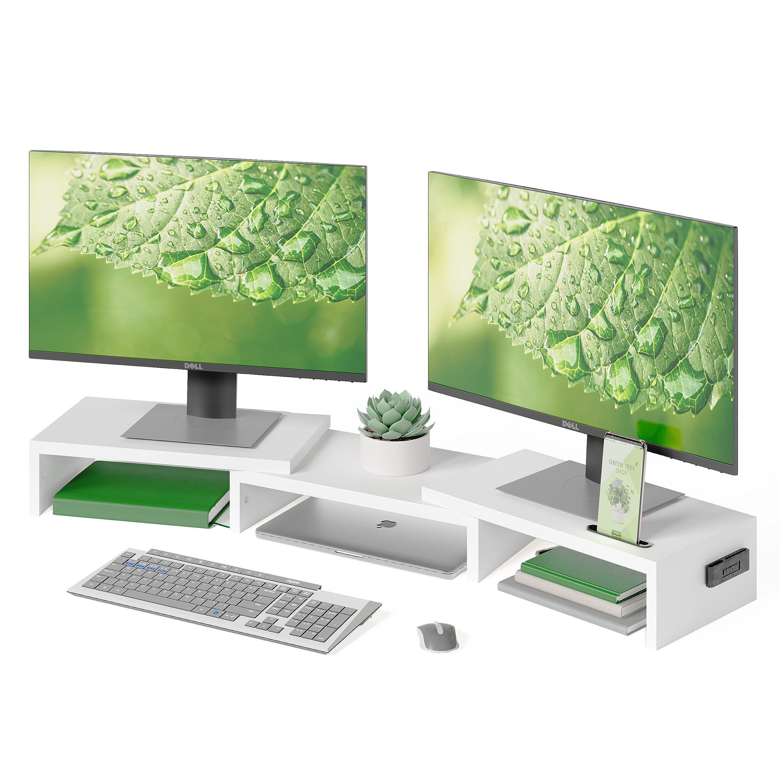 BONTEC Dual Monitor Stand Riser | Adjustable Wooden Desk Organizer