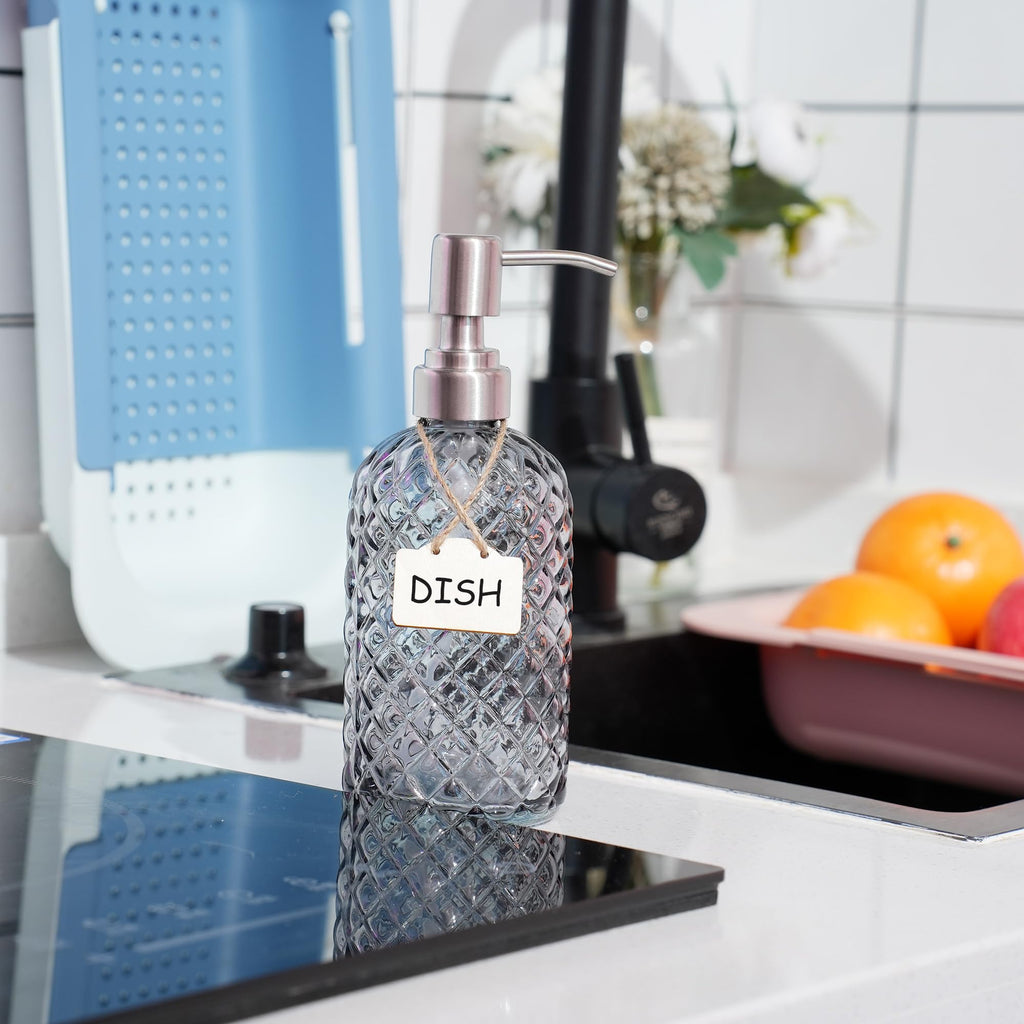 Bathroom & Kitchen Glass Hand and Dish Soap Dispenser with 304 Rustproof Stainless Steel Pump Grey