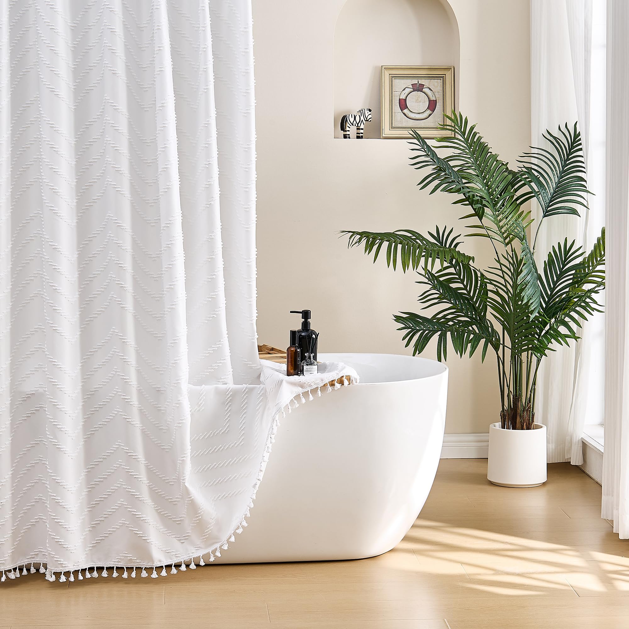 Jolof Store Boho White Fabric Shower Curtain – Tassel Chevron Design