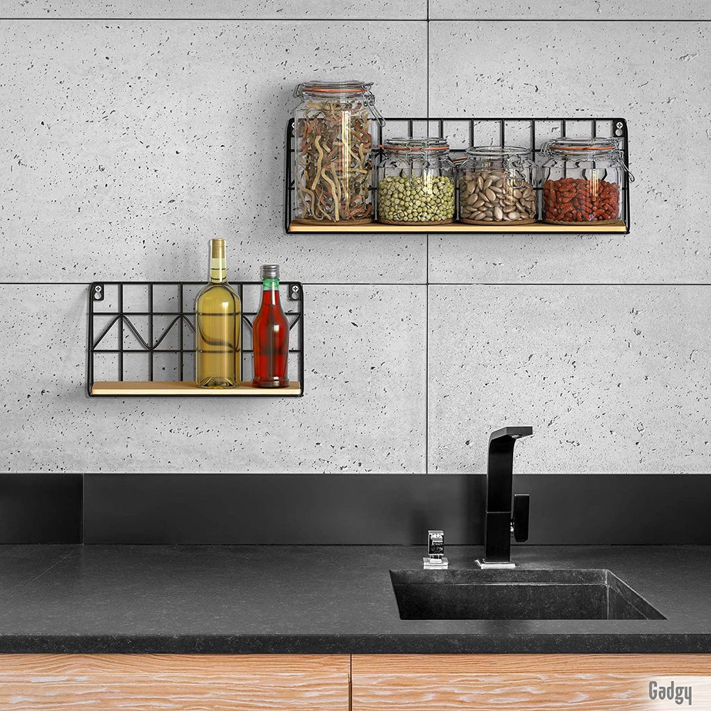 Gadgy Floating Wall Shelves – 2-Piece Rustic Wood & Black Metal Set