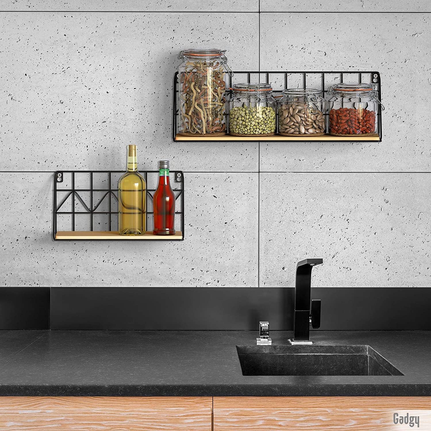 Gadgy Floating Wall Shelves – 2-Piece Rustic Wood & Black Metal Set