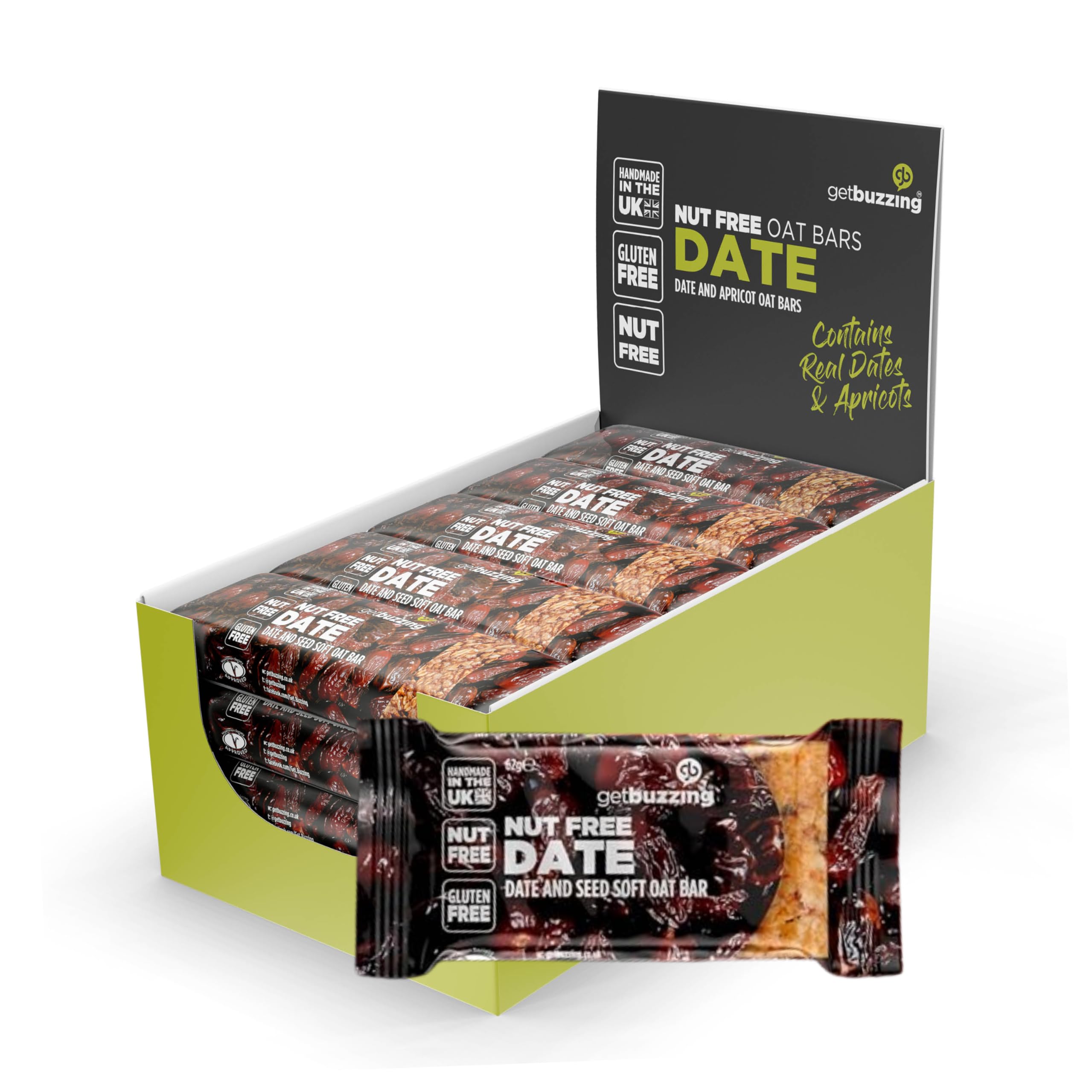 Getbuzzing Nut Free Oat Flapjack Energy Bars - Date & Seed - 20 x 62g