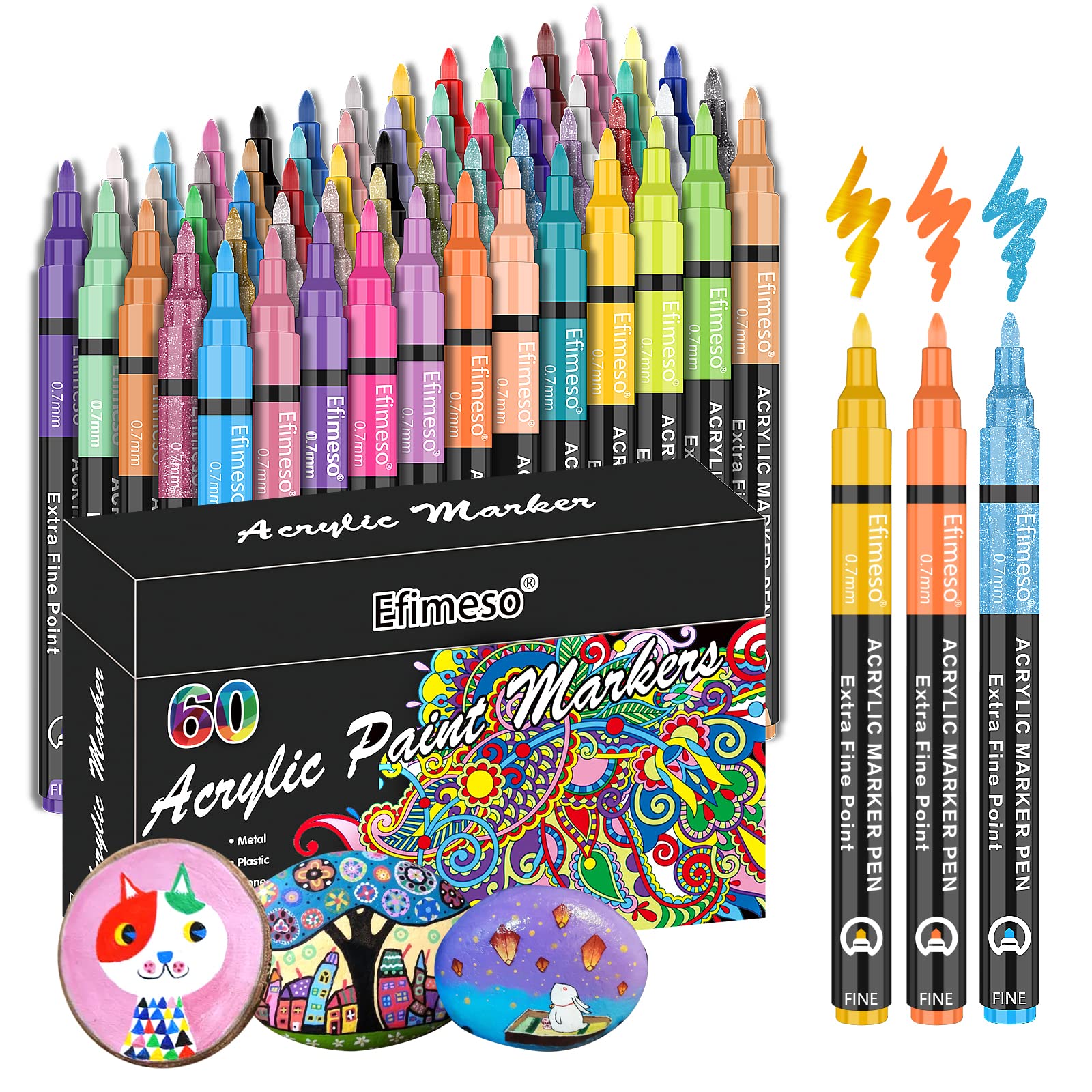 Efimeso Acrylic Paint Pens | 60 Colors Extra-Fine 0.7mm Art Markers