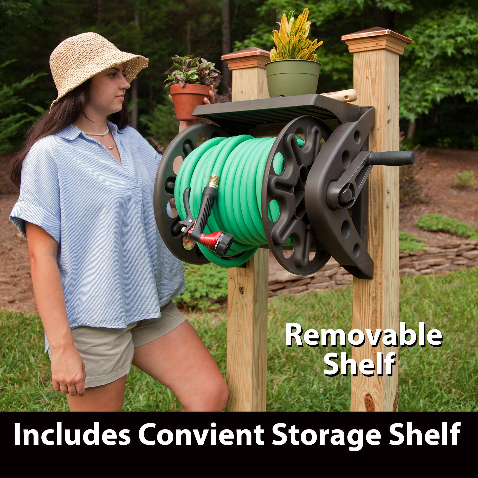 Liberty Basics Wall Mounted Garden Hose Reel with Shelf - Bronze Resin