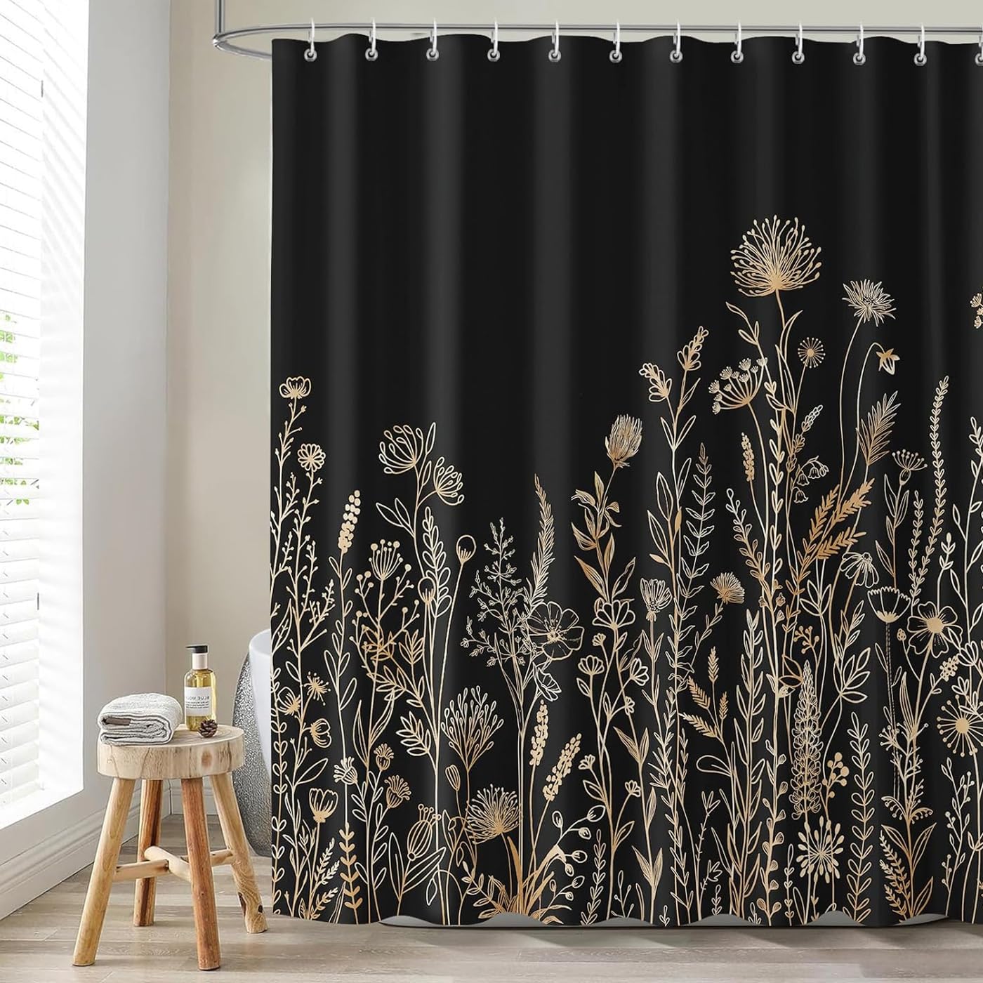 Dazzlewall Black Gold Floral Shower Curtain | Boho Waterproof Polyester