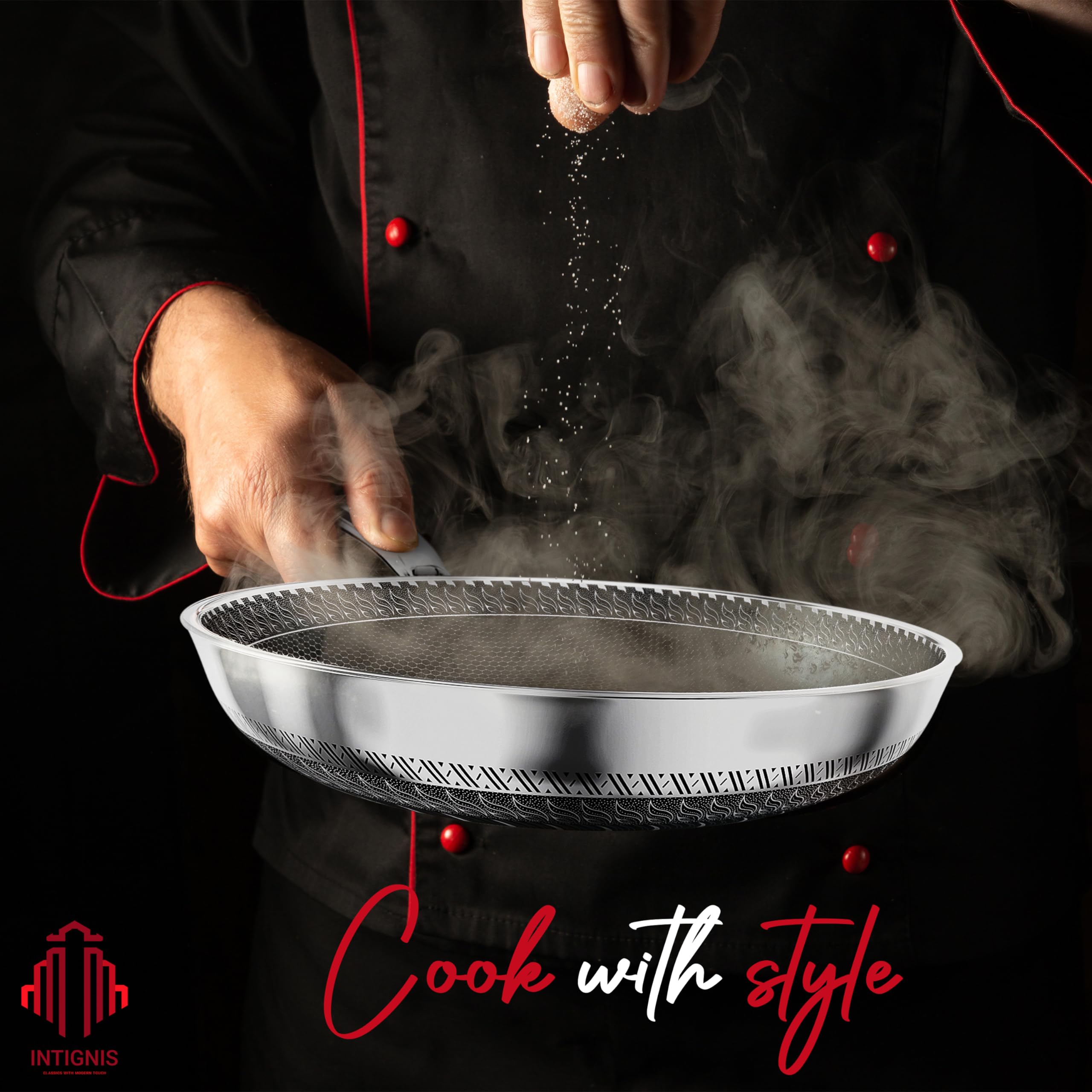 INTIGNIS 30cm Non-Stick Stainless Steel Frying Pan with Lid - Extra Deep