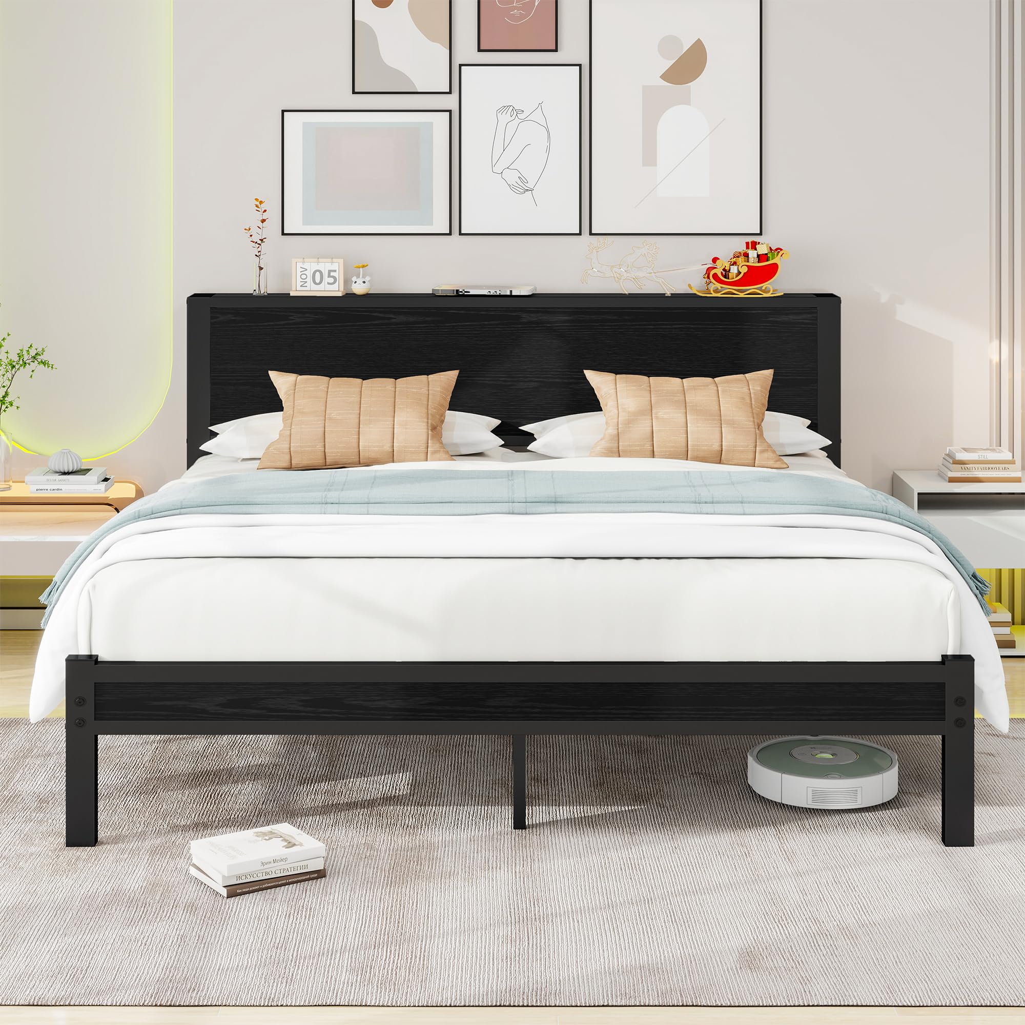 Diahomy King Metal Platform Bed Frame with Wood Headboard and Storage