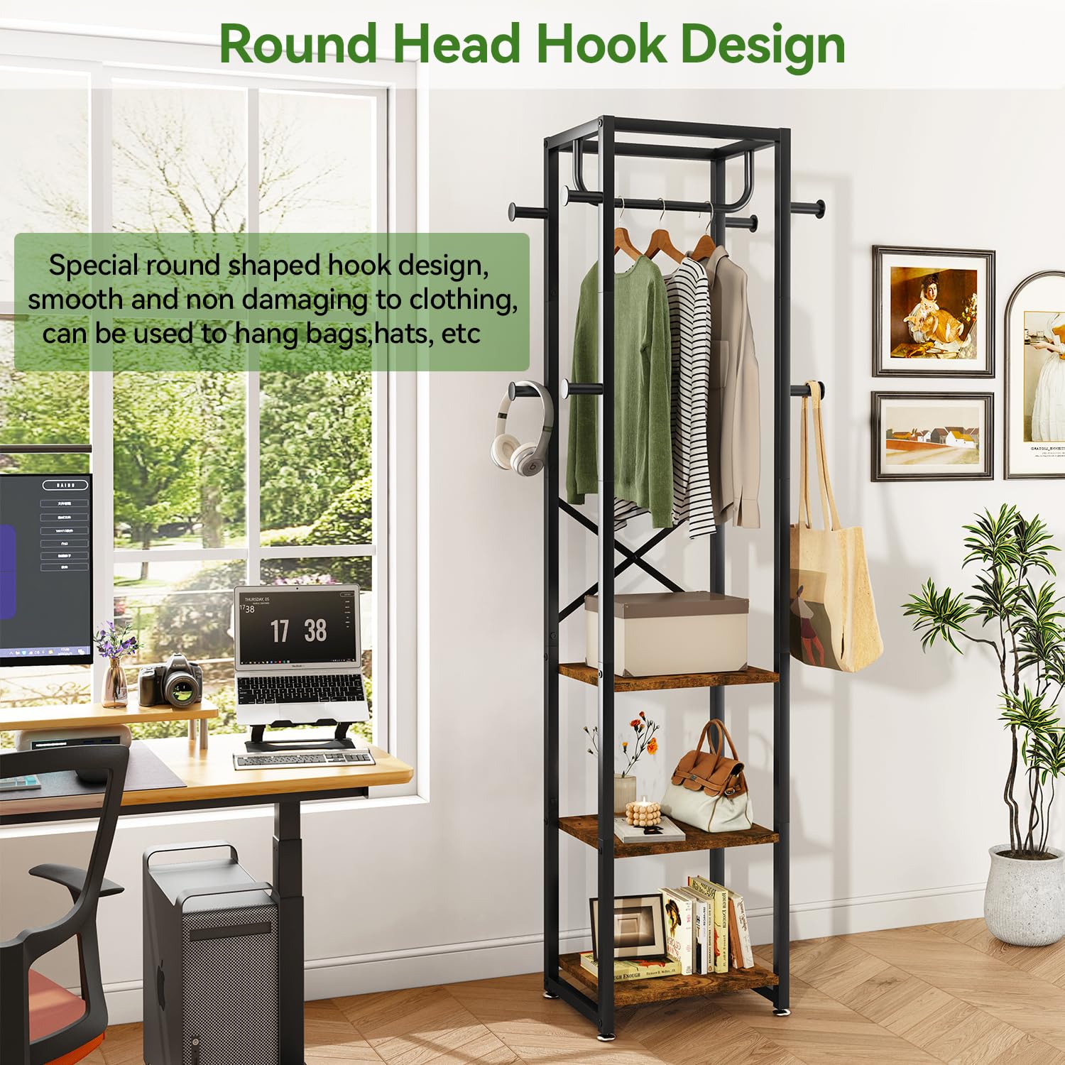 IBUYKE Industrial Coat Rack – Freestanding Hall Tree with 3 Shelves & 8 Hooks