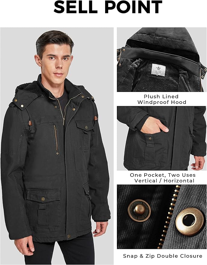 WenVen Men's Winter Parka – Thick Fleece Lined Hooded Cotton Jacket