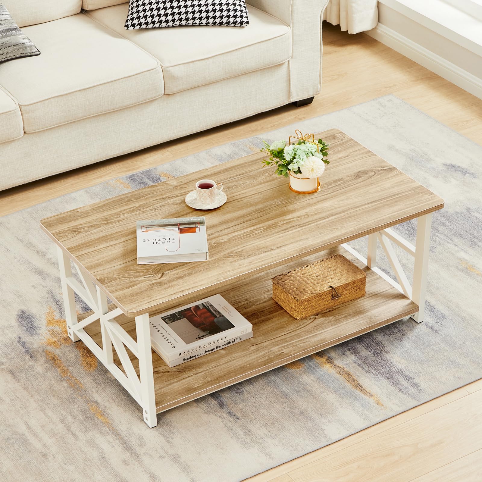 GreenForest 2-Tier Coffee Table | 100cm Oak Center Table with X-Frame