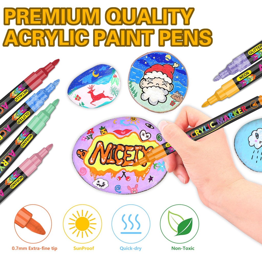 NICETY 136 Acrylic Paint Pens – 0.7mm Extra Fine Tip Markers for Rock Art