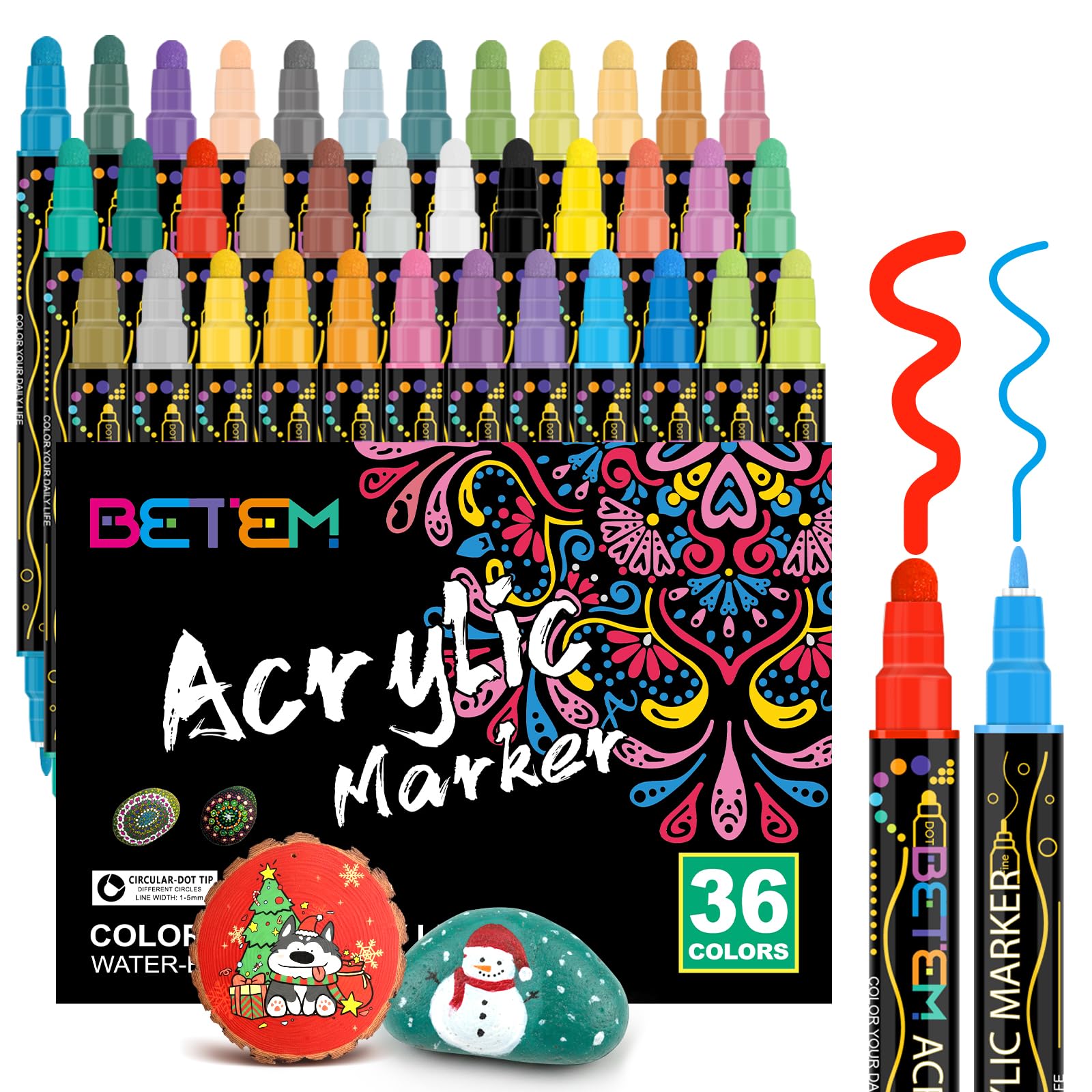 Betem 36 Colors Dual Tip Acrylic Paint Pens for Rock Painting & DIY