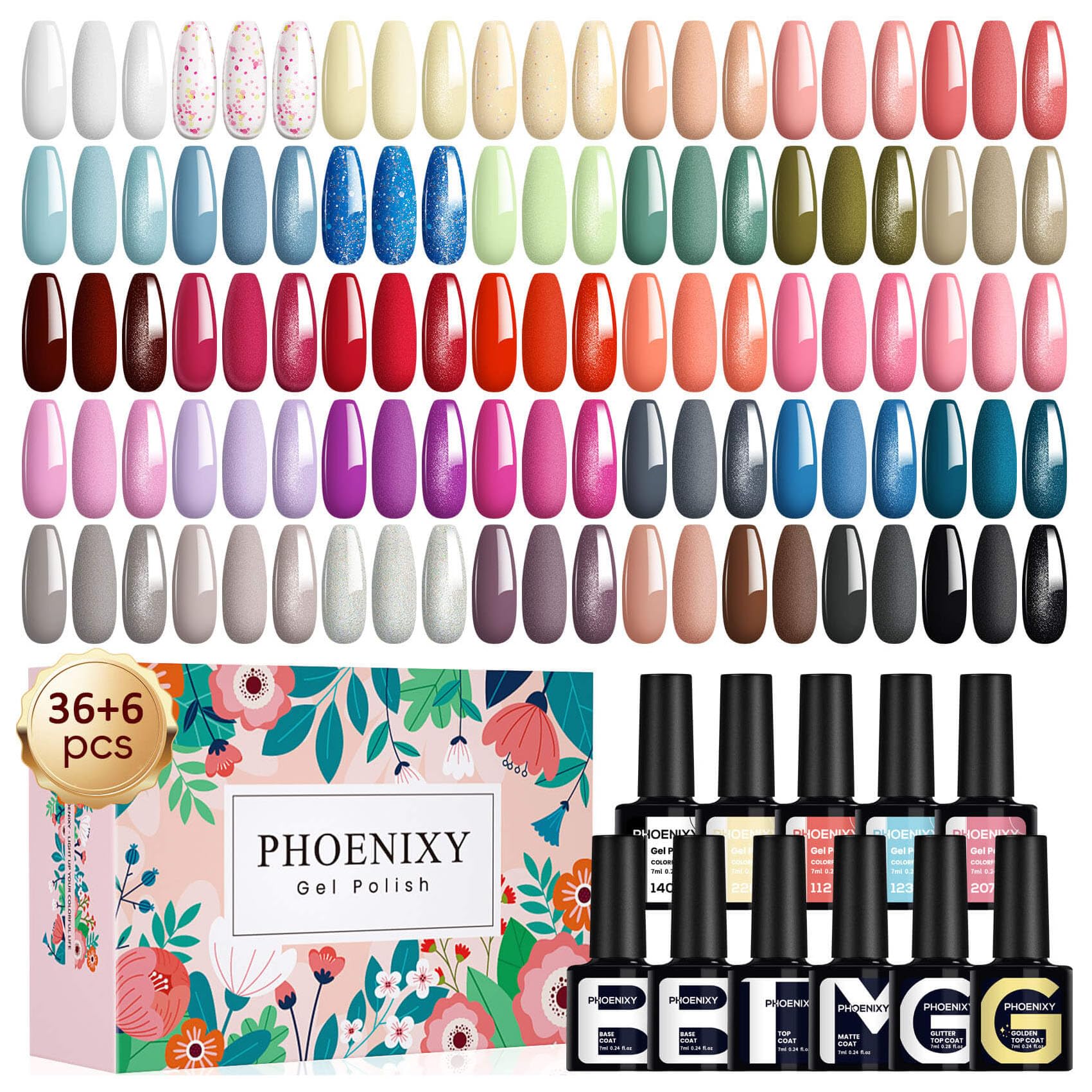Phoenixy 36 Colors Gel Nail Polish Set with Base and Top Coats – UV Kit