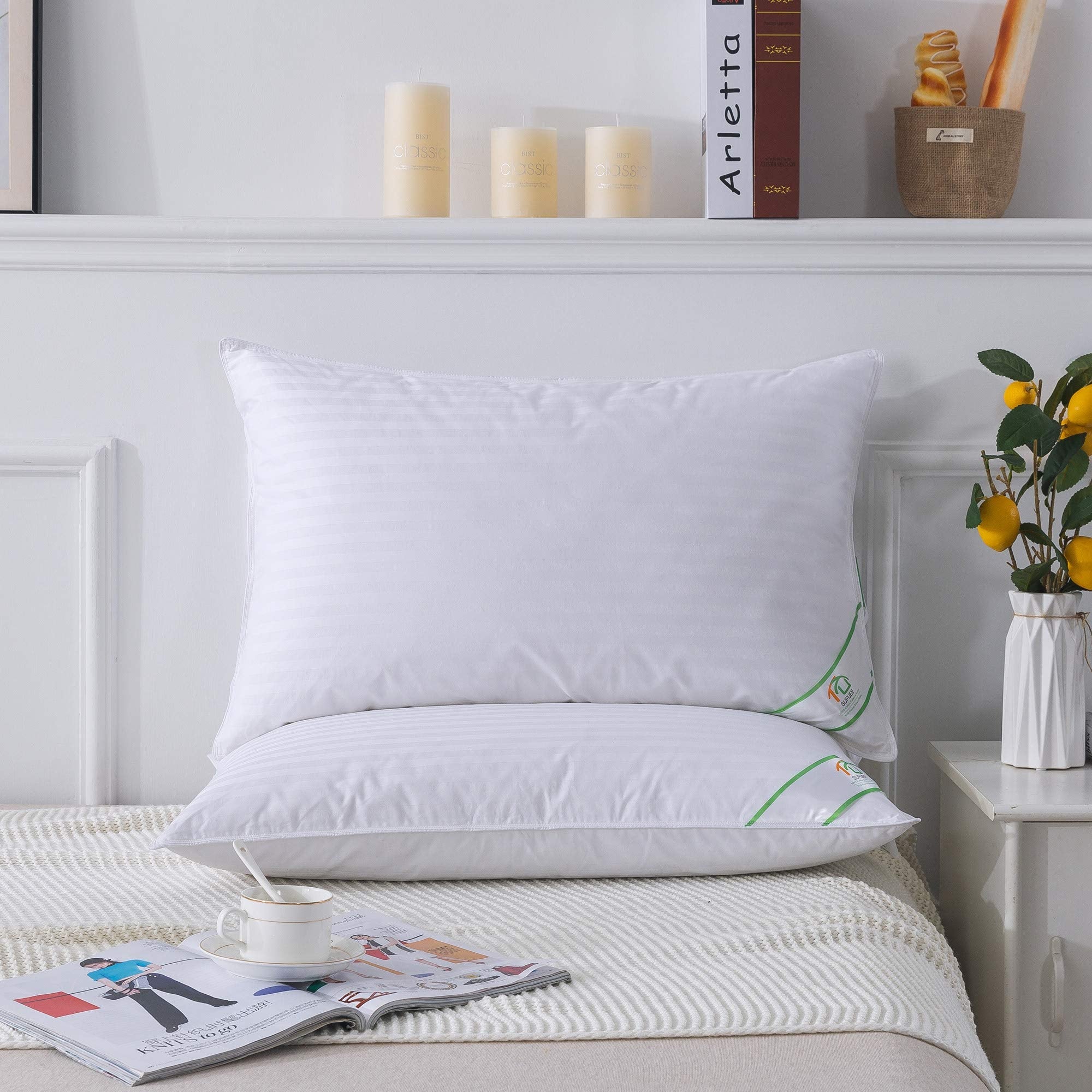 SUFUEE Goose Feather and Down Pillow Pair | 100% Cotton Cover