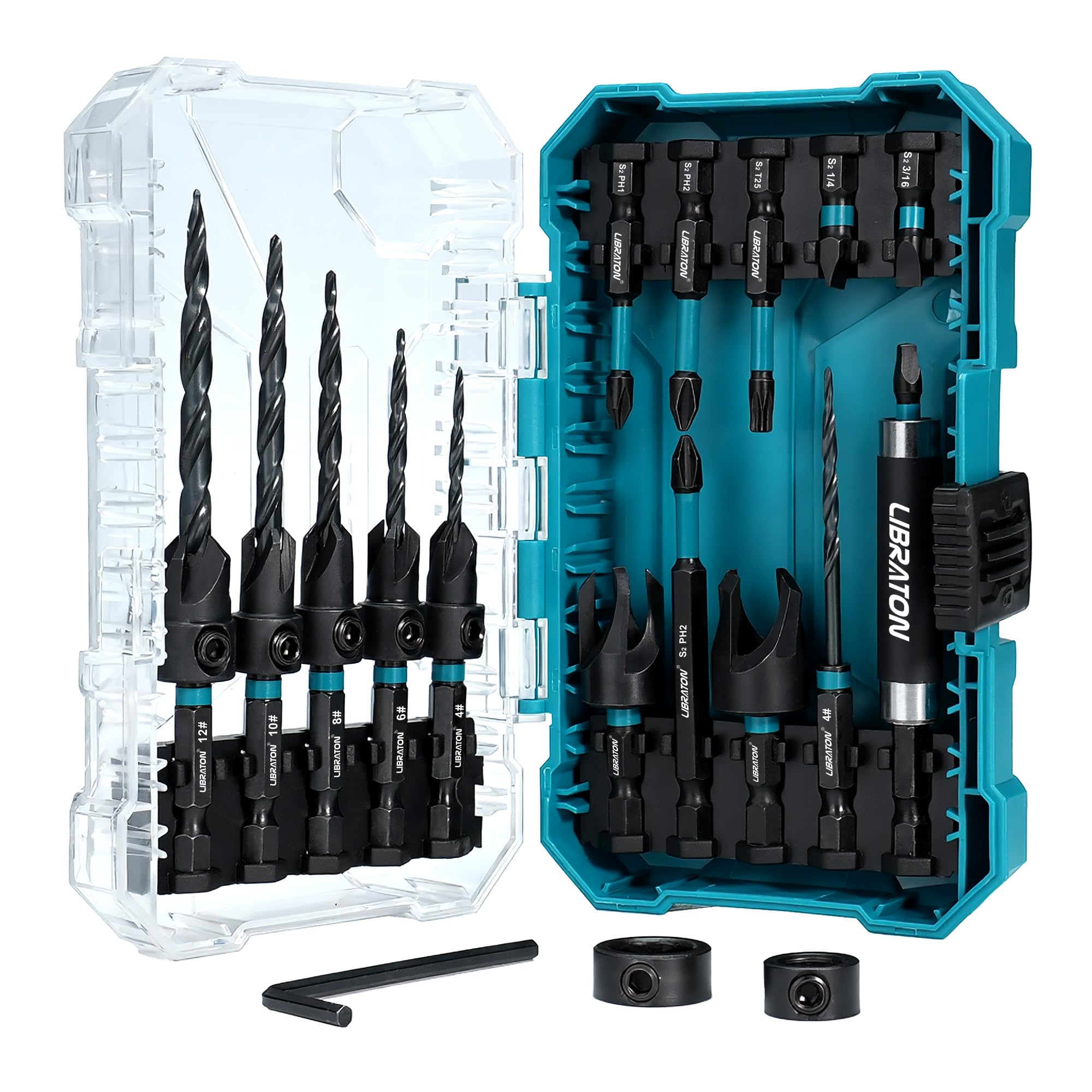 Libraton 19-Piece Countersink Drill Bit Set for Woodworking | 1/4" Hex