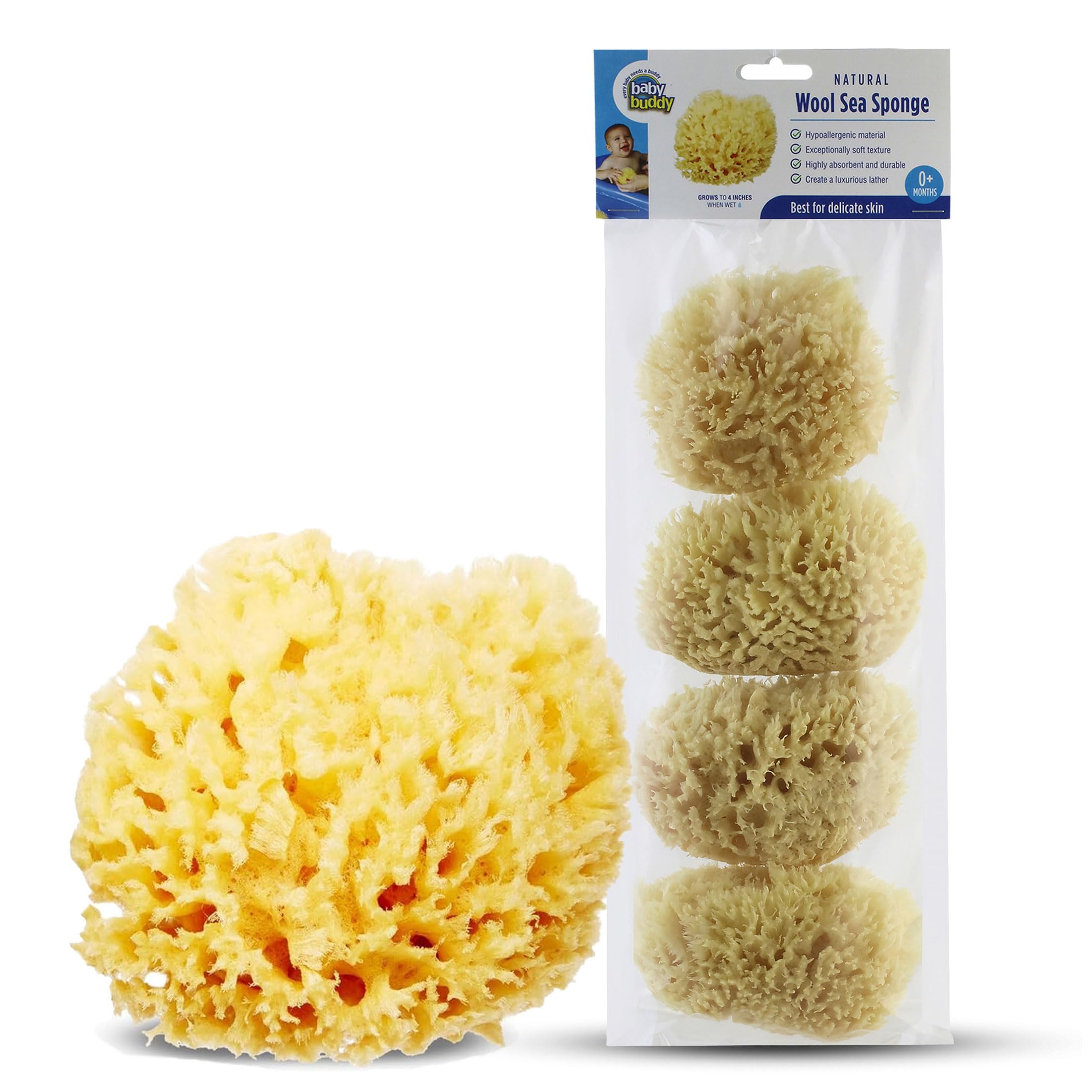 Baby Buddy Natural Sea Wool Bath Sponge - Soft & Hypoallergenic - 4 Pack