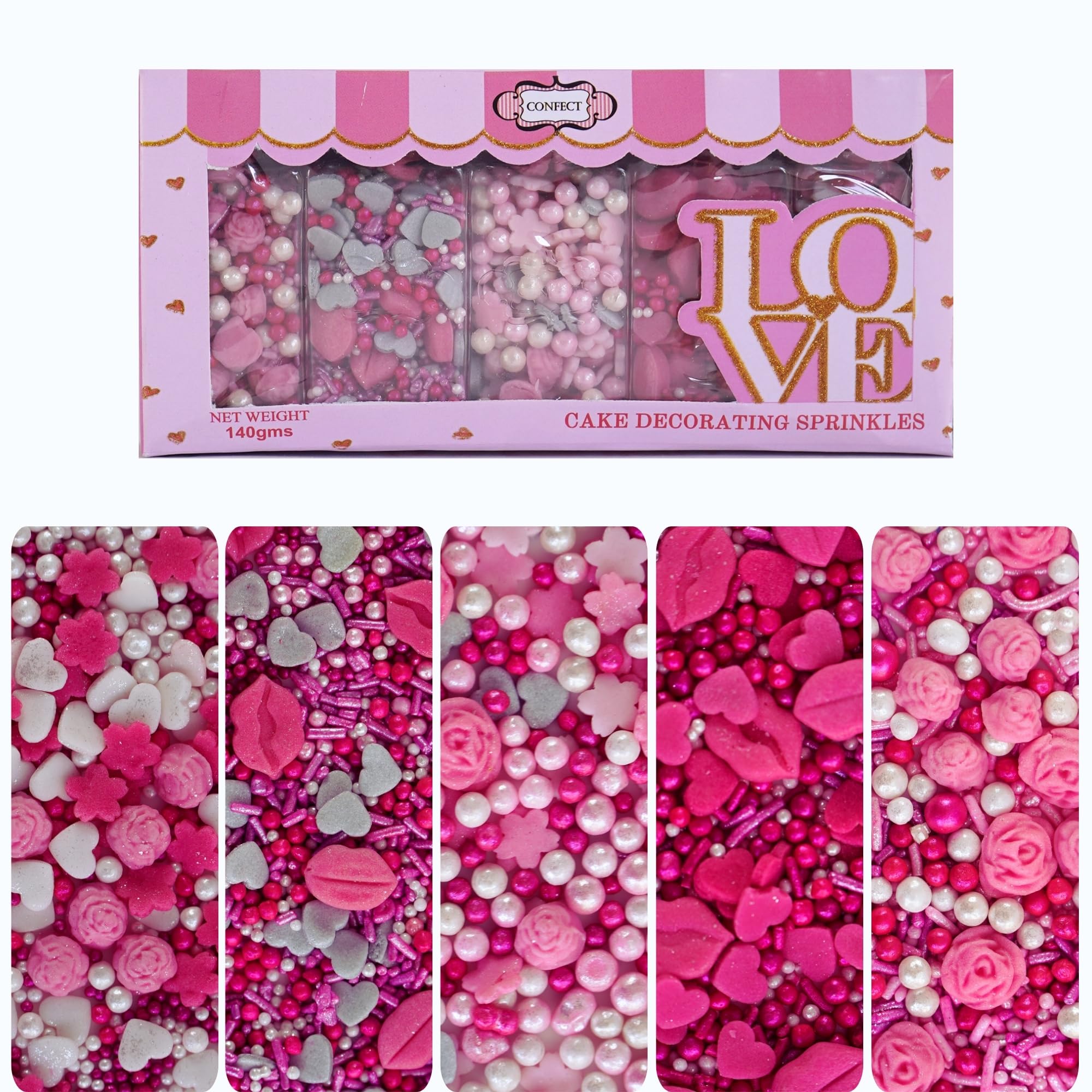 Jolof Store Edible Sprinkles – Pink Roses & Silver Hearts – 5 oz