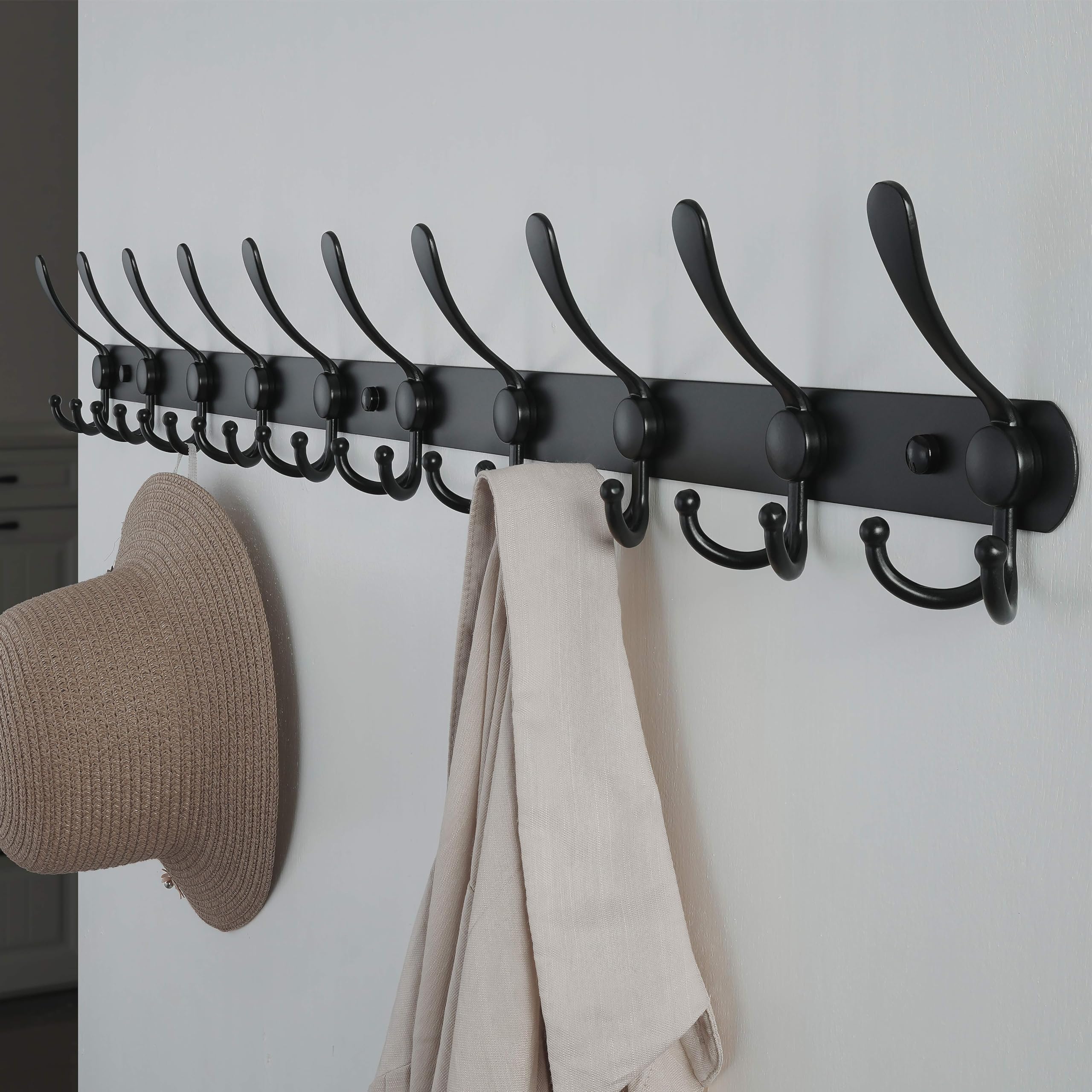 Dseap 96cm Wall Mounted Coat Rack | 10 Tri Hooks Heavy Duty Metal Rail