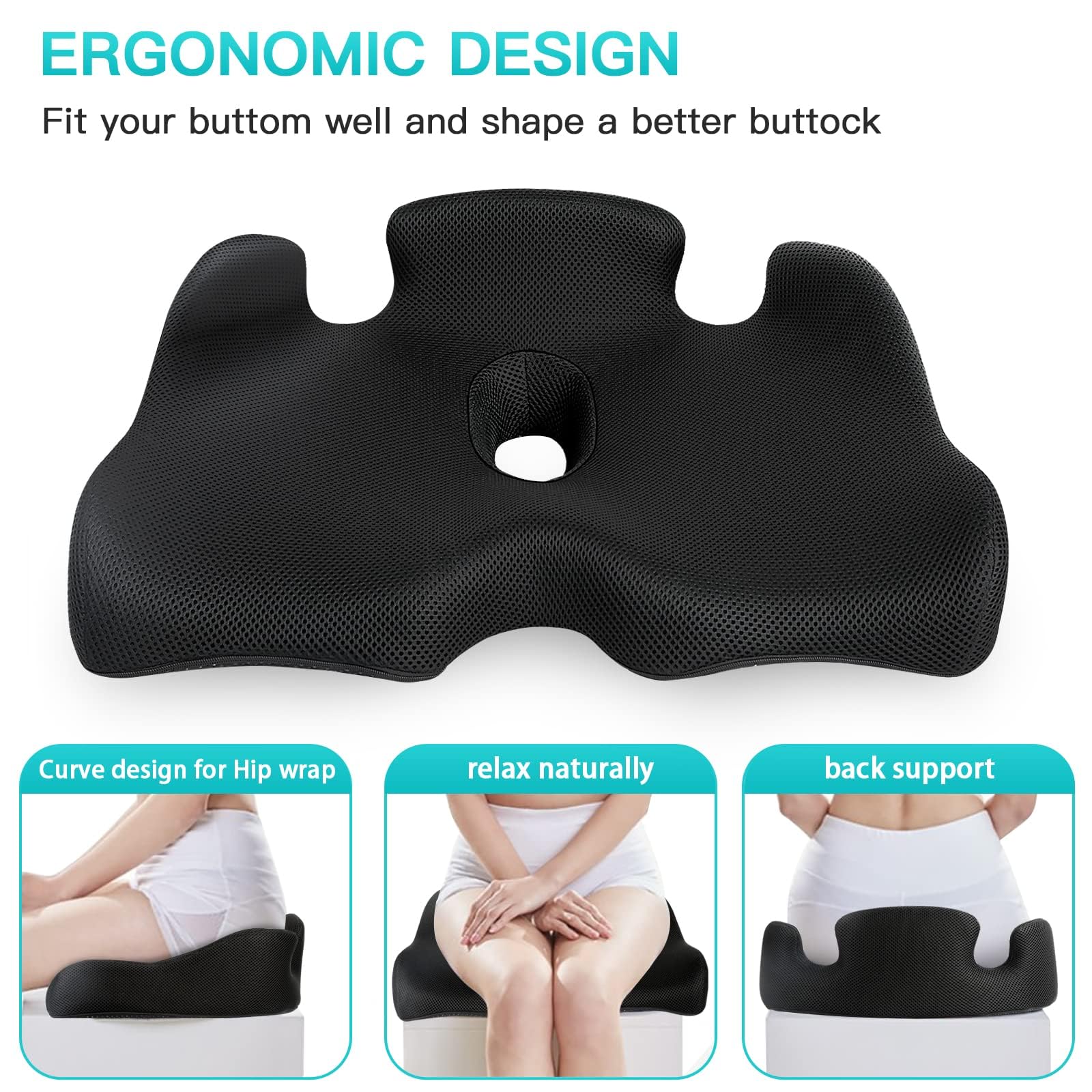 Benazcap Memory Foam Seat Cushion – Ergonomic Coccyx Pad for Back Pain