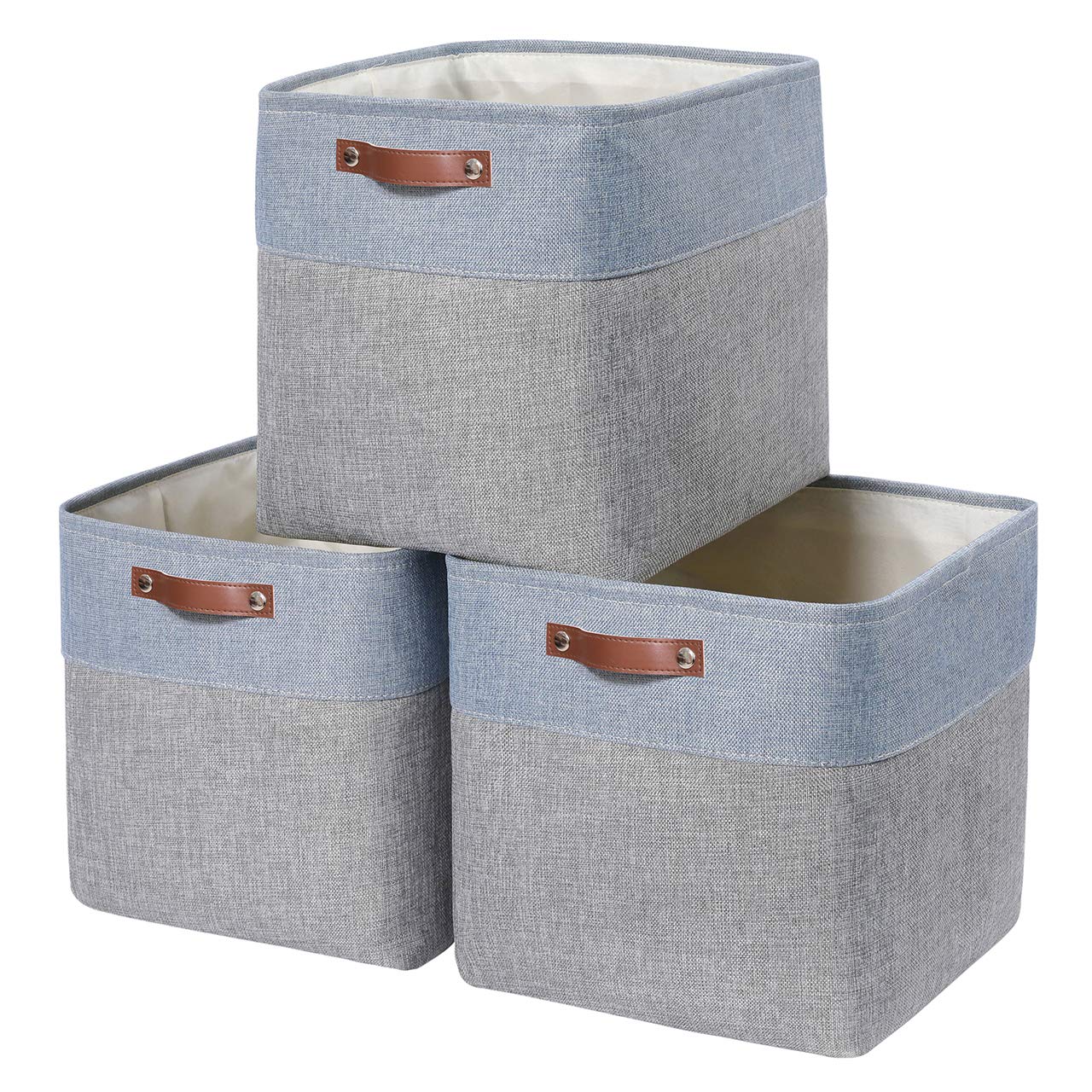Mangata Fabric Storage Boxes - 3 Pack Collapsible Cubes, Grey Blue, 30cm