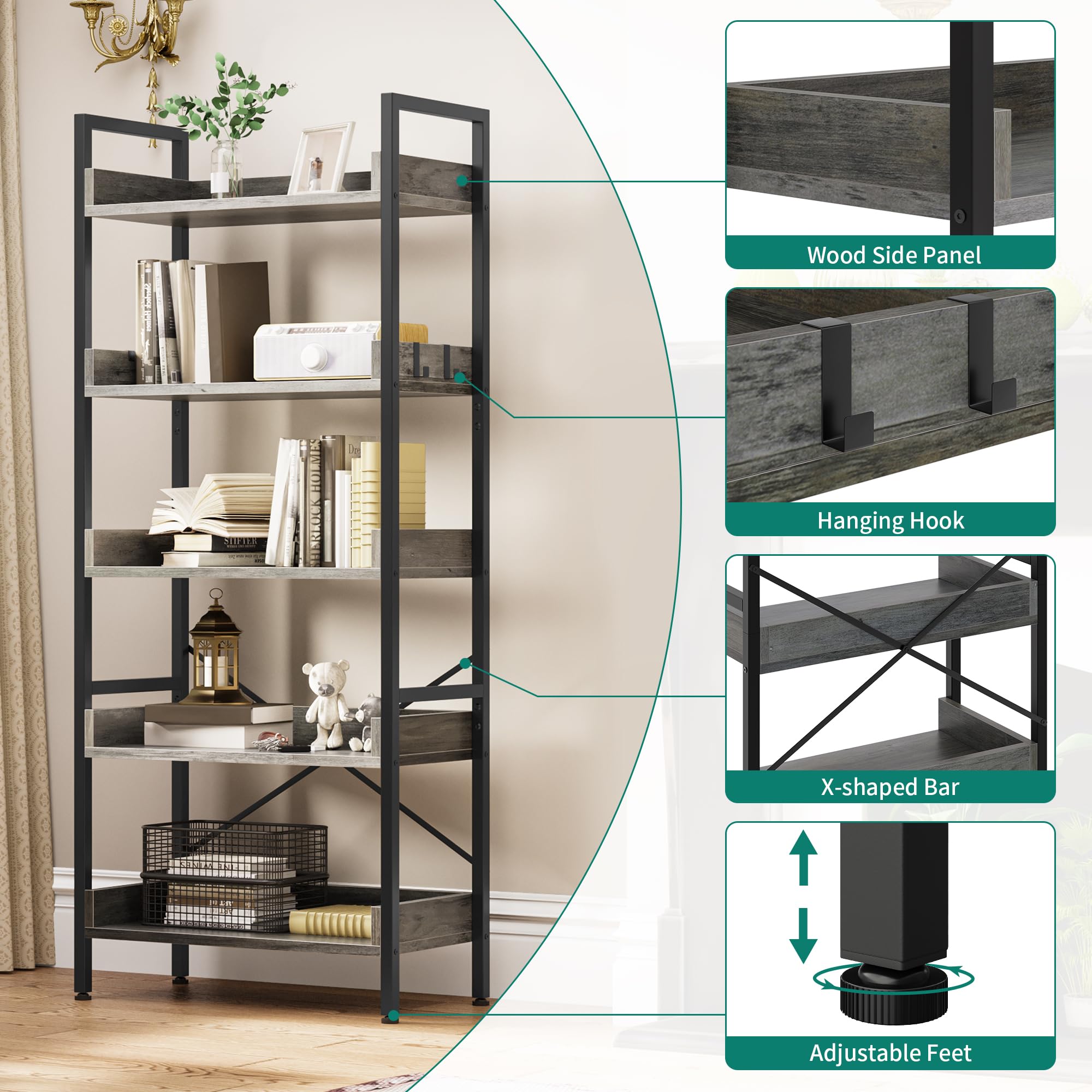 YITAHOME 5-Tier Industrial Bookcase – Rustic Wood and Metal Storage Shelf