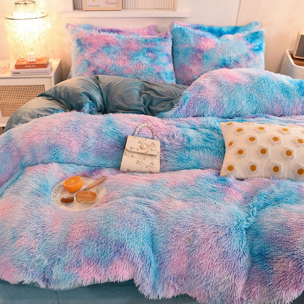ZIQINPSQ Tie Dye Plush Shaggy Duvet Cover Set | Soft Faux Fur Bedding - Blue