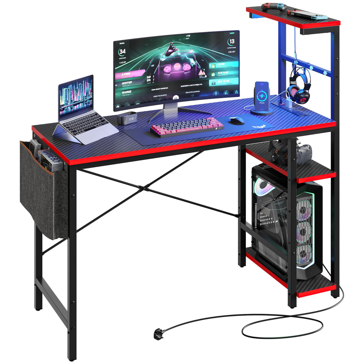 Bestier 113CM Corner Computer Desk with Power Outlets Computer Desk with LED Lights Reversible Writing Table with Side Pocket Storage Bag & - image 1
