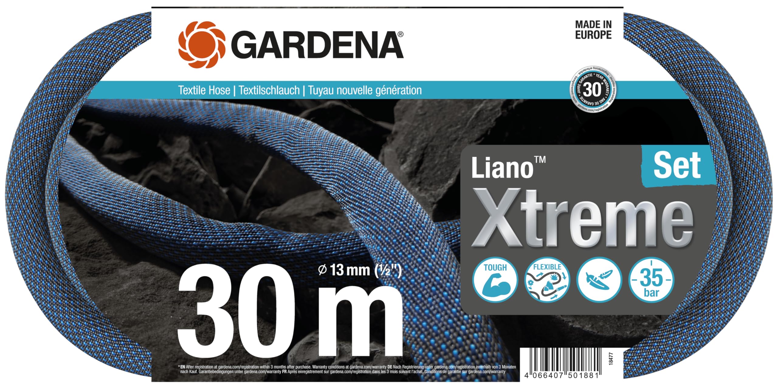 Gardena Liano Xtreme Textile Garden Hose Set | 30m, 1/2 Inch