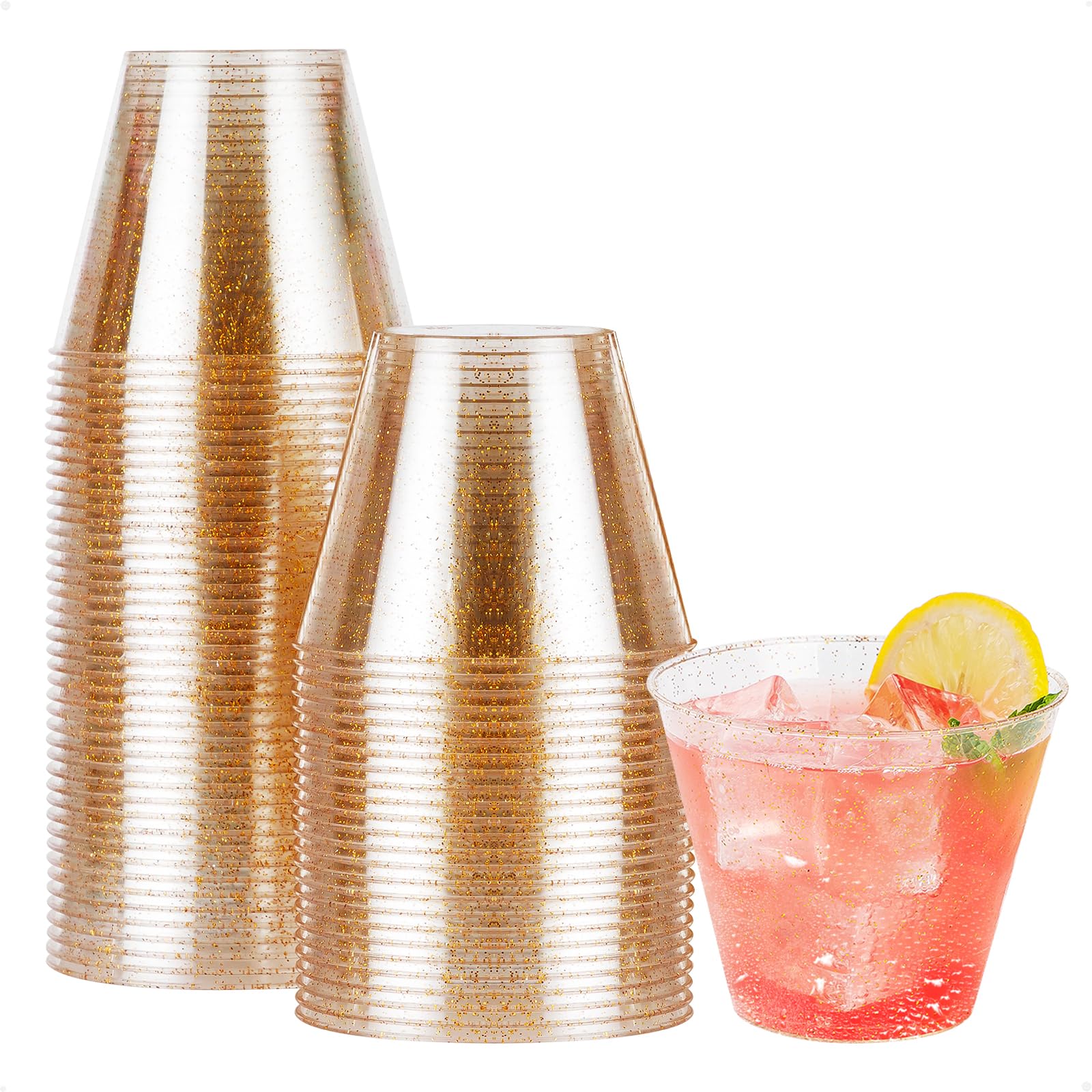 50-Pack Gold Glitter Plastic Cups | 9oz Reusable Party Glasses