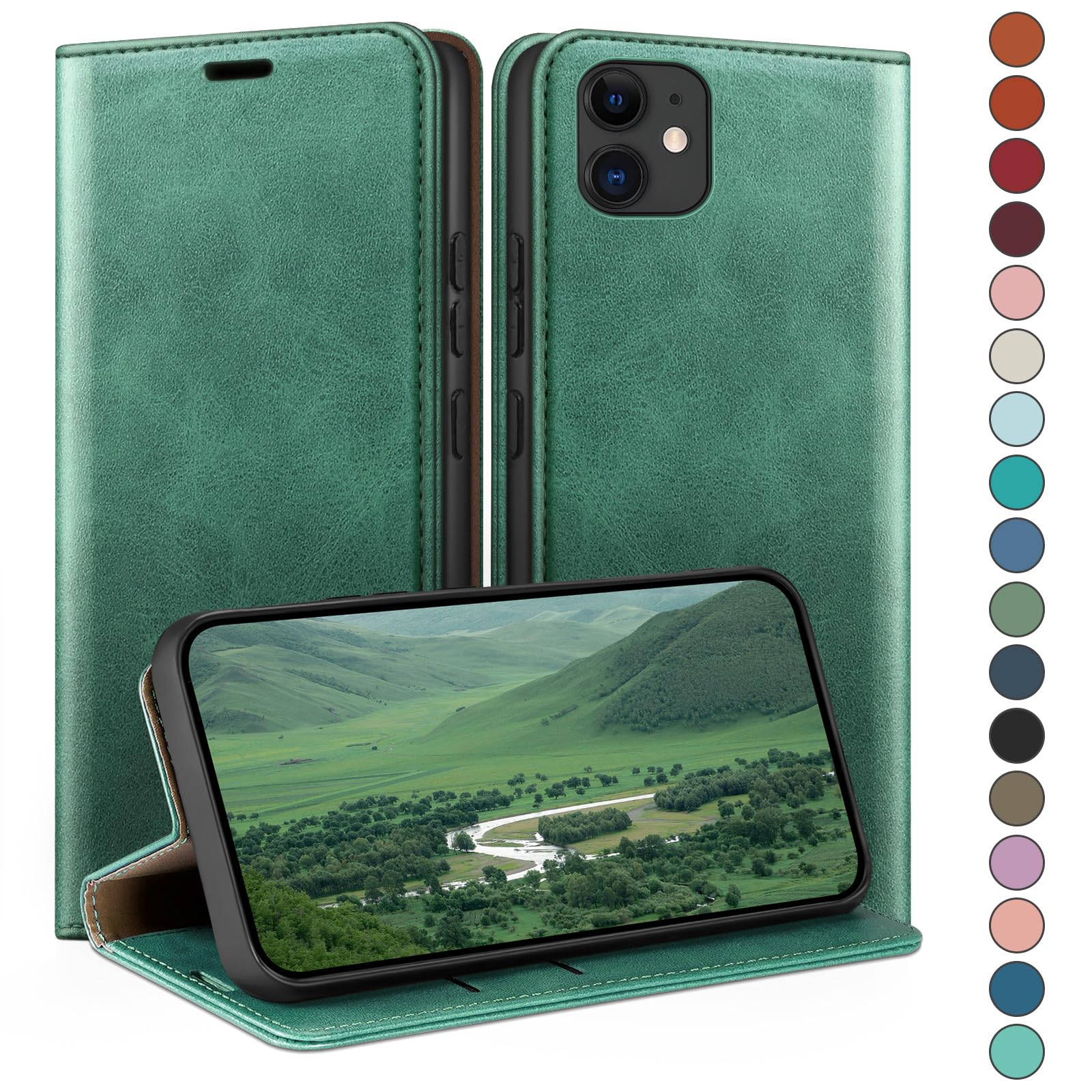 HUOUH iPhone 11 Wallet Case – RFID Blocking Leather Folio in Sea Green