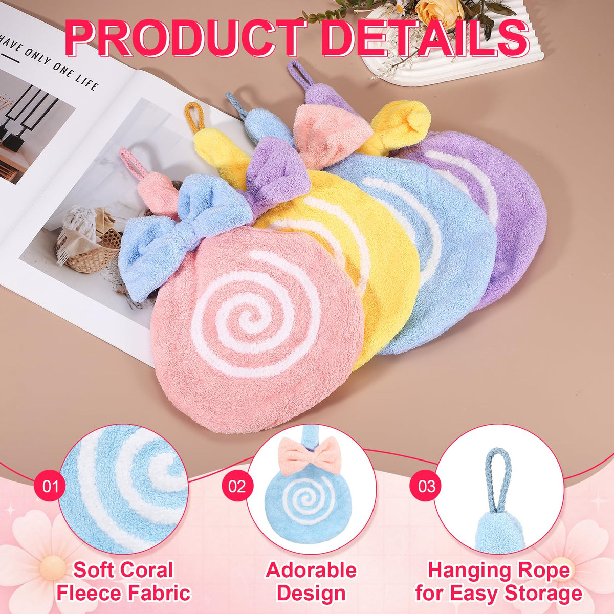 sourcing map Cute Hand Towels, Soft Coral Hanging Hand Towel with Hanging Loop, Lollipop Pattern, Highly Absorbent - image 3