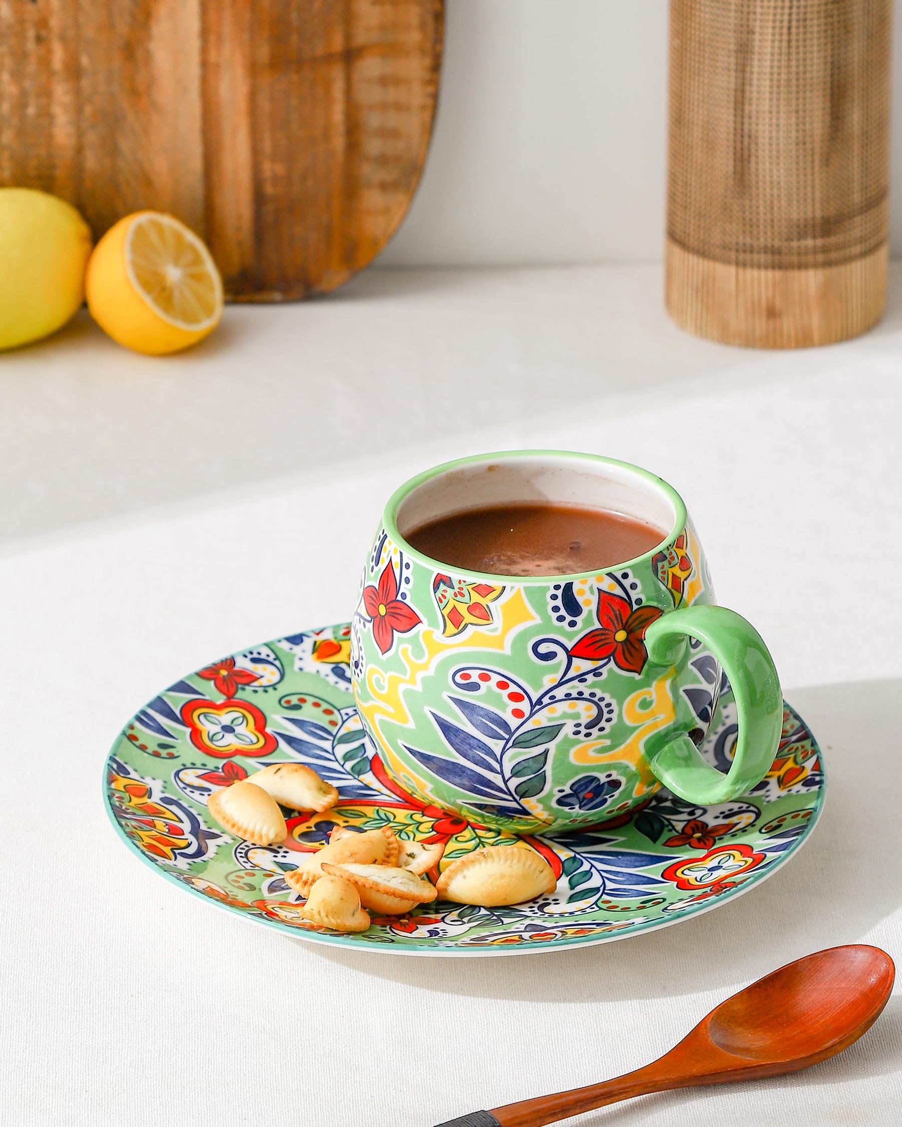 HENXFEN LEAD 20 oz Porcelain Coffee Mugs – 6 Pack Bohemian Stackable Cups