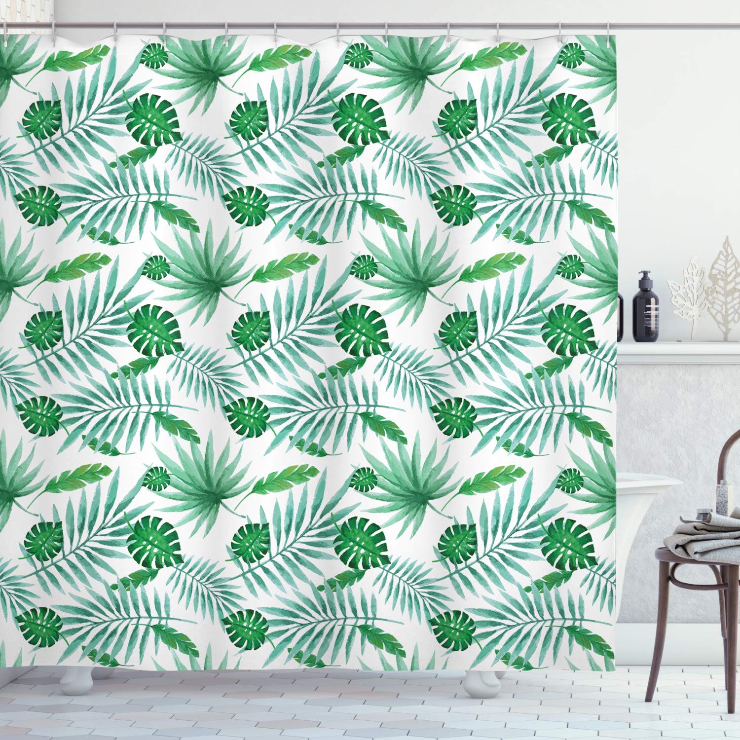 ABAKUHAUS Tropical Monstera Palm Leaf Shower Curtain - Green and White